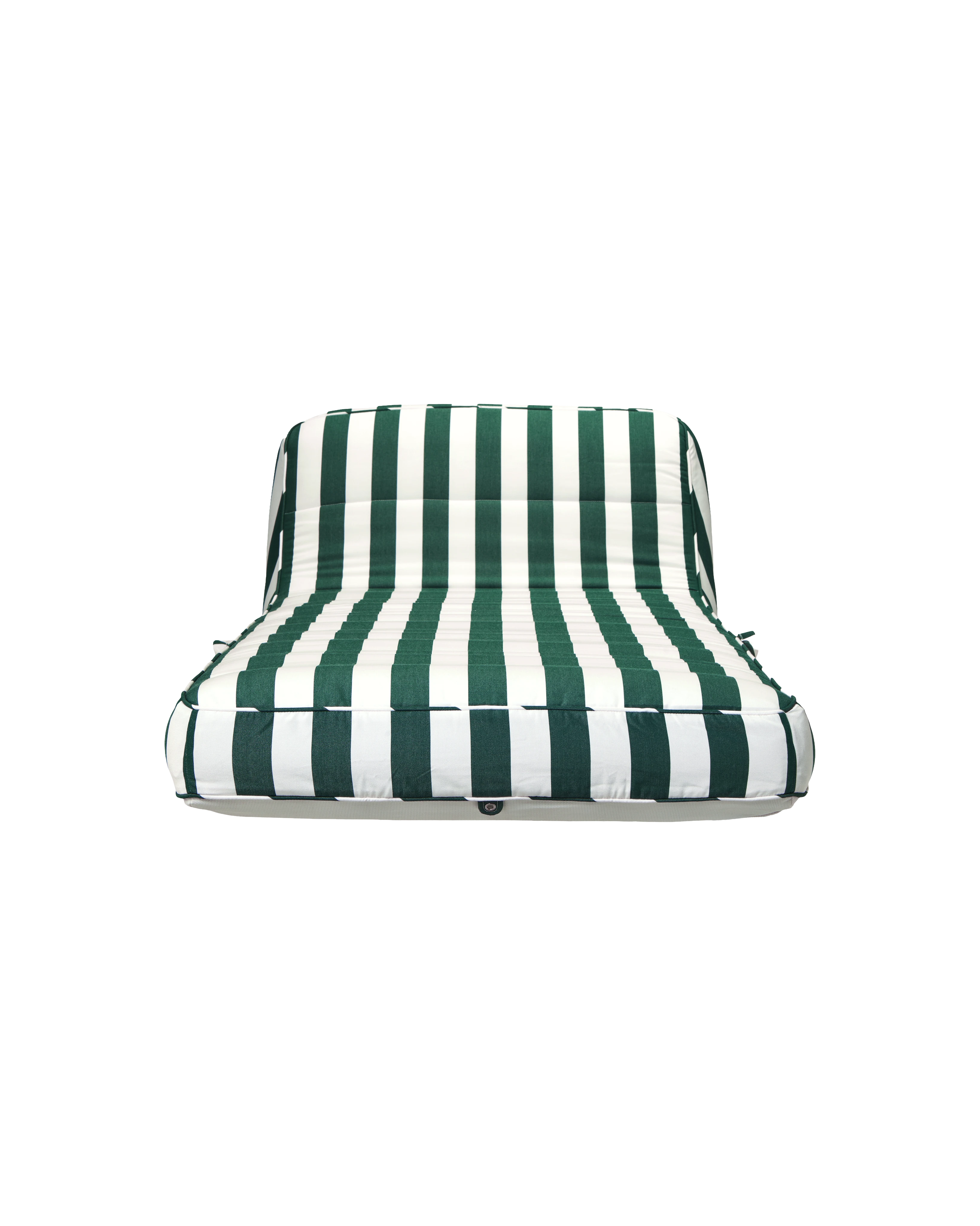Luxury inflatable pool lounger with white and green stripes, featuring an elegant backrest — perfect for stylish adults and resort-style poolside lounging.