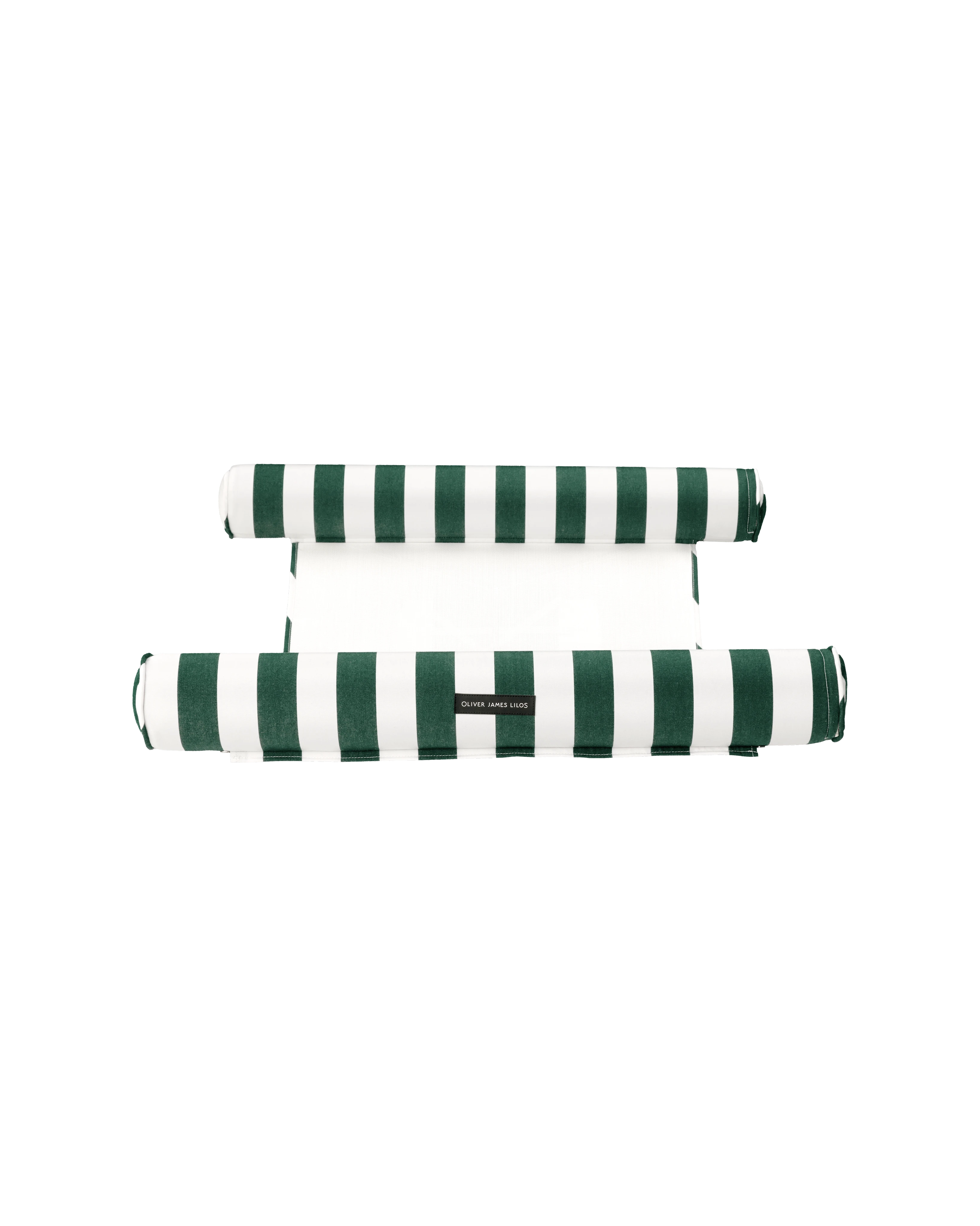 Top-down view of the Oliver James floating hammock pool float, with dual inflatable headrests in bold stripes and a soft mesh center for stylish aquatic relaxation.