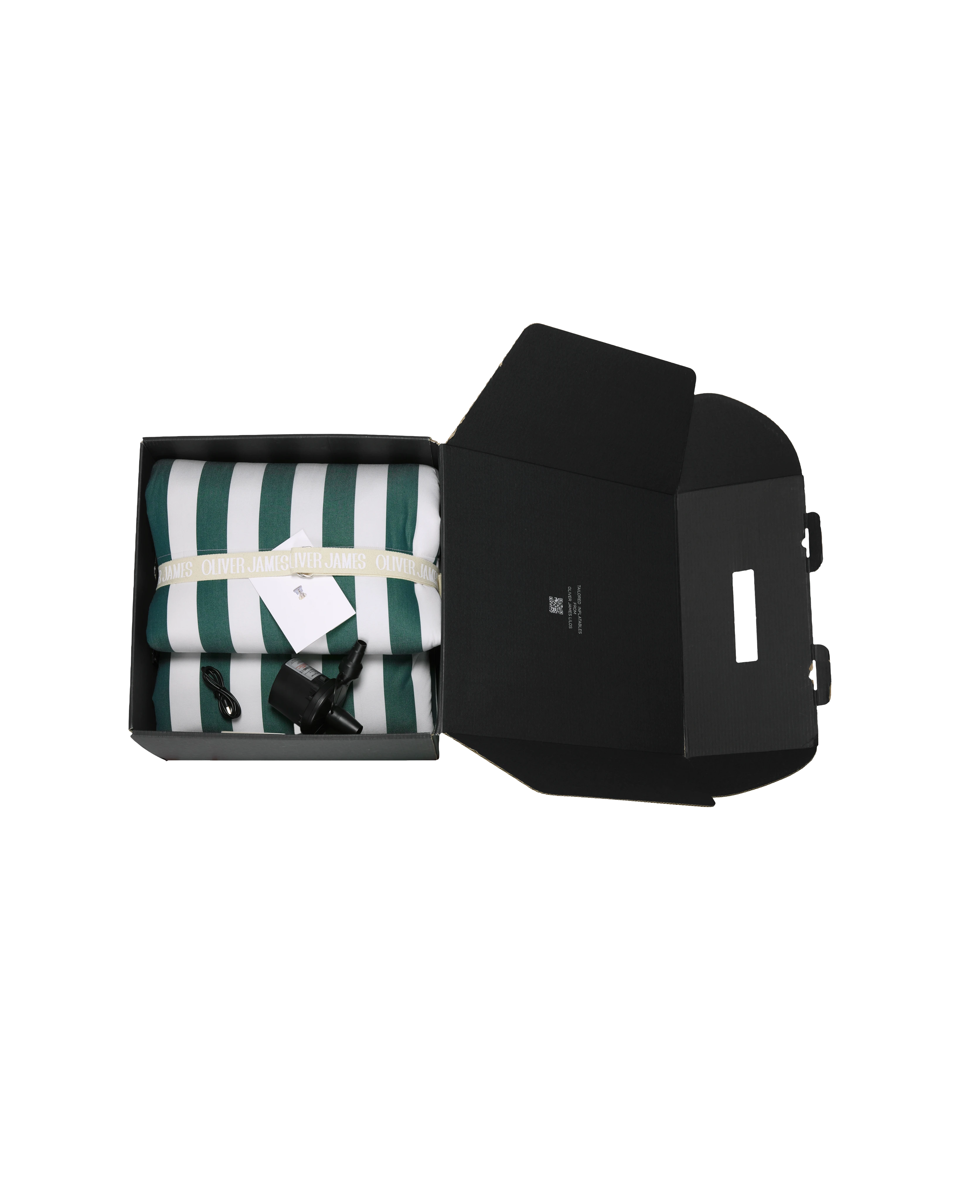 Chic pool lounger with branded ribbon and included pump, carefully packaged for an elevated unboxing experience — a luxury pool float for discerning buyers.