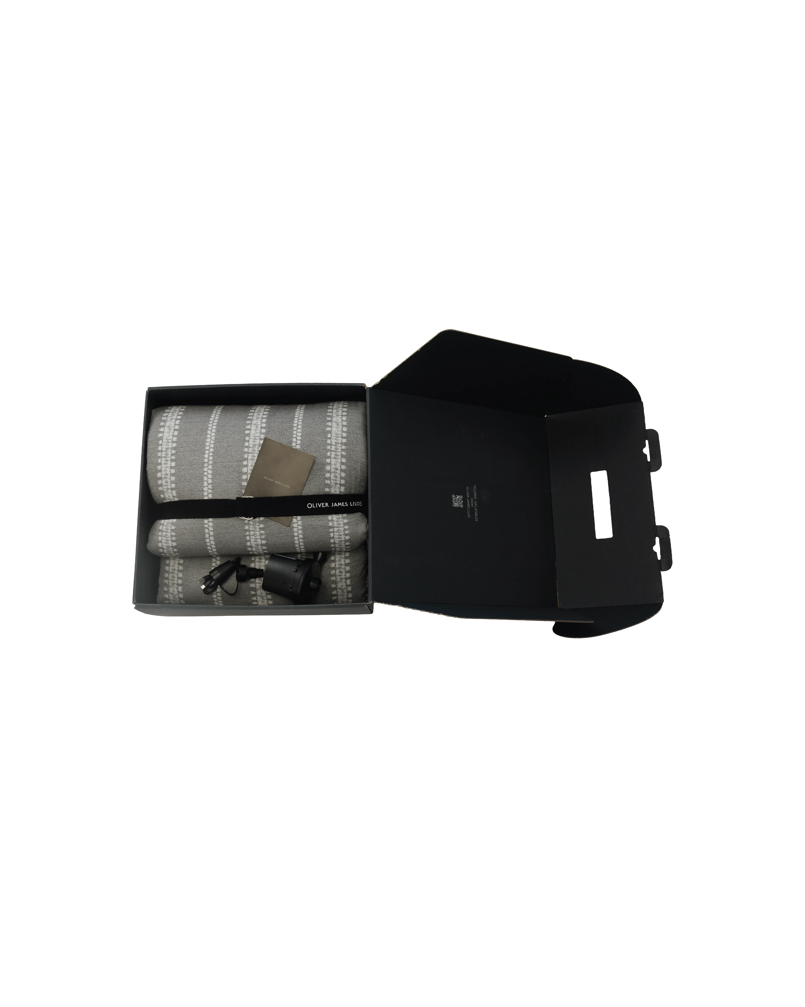 Unboxing experience of the Oliver James inflatable lounger, folded in branded ribbon inside a sleek black box with included electric pump and instructions.
