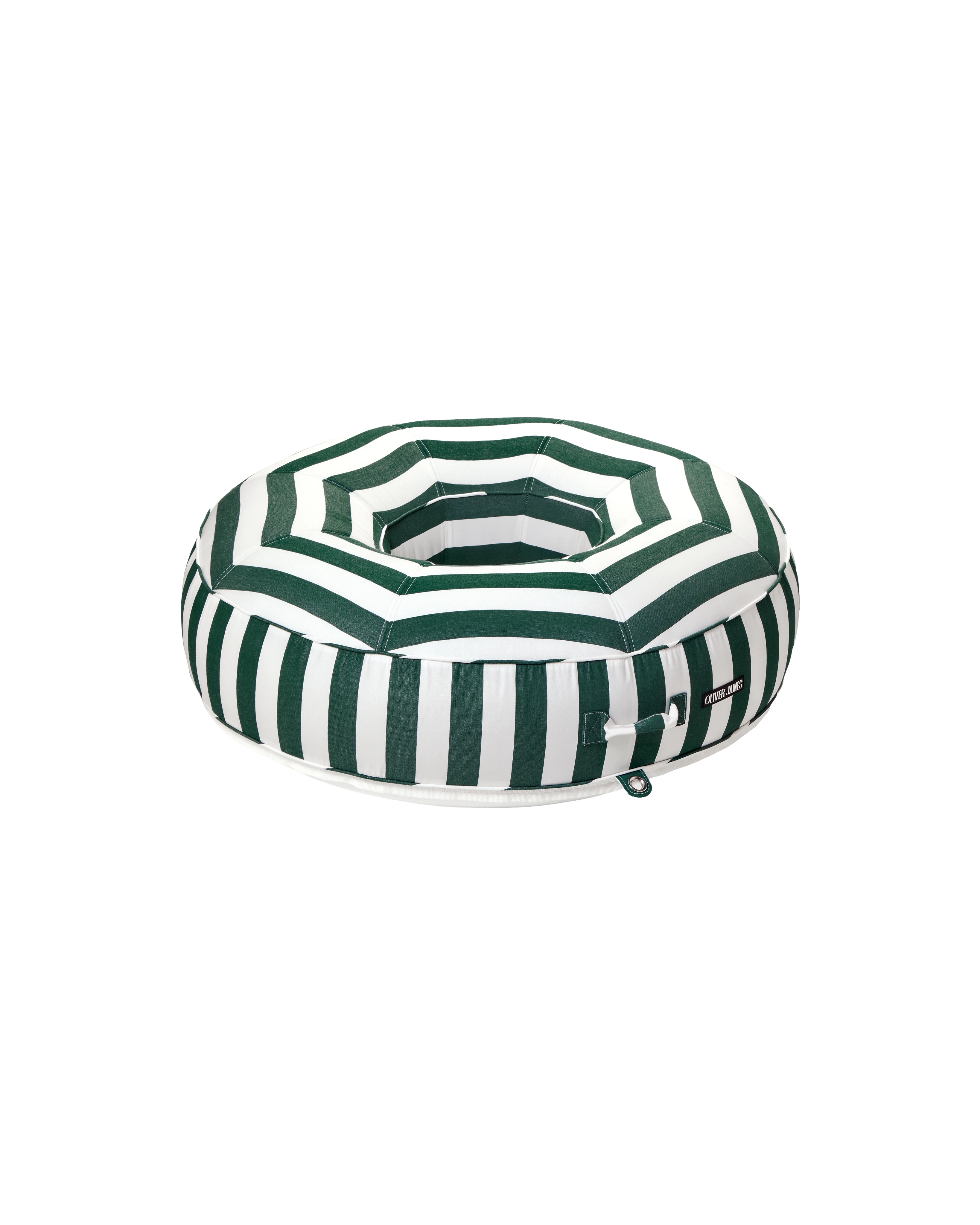 Angle view of a luxury round inflatable pool float with green and white stripes, featuring an open center and tailored upholstered finish.