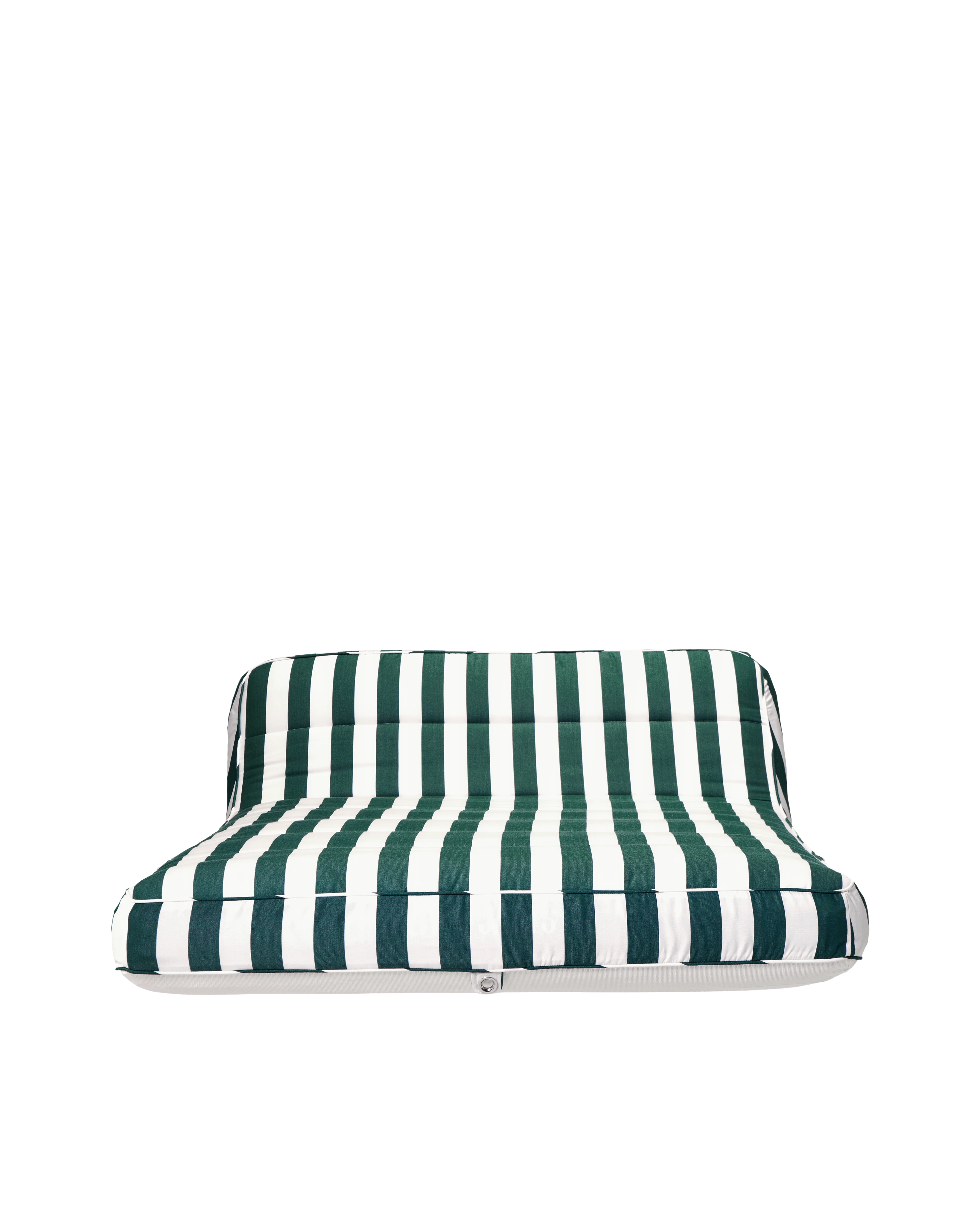 Front-facing view of a luxury green and white striped inflatable pool lounger with backrest, designed for elevated poolside comfort.