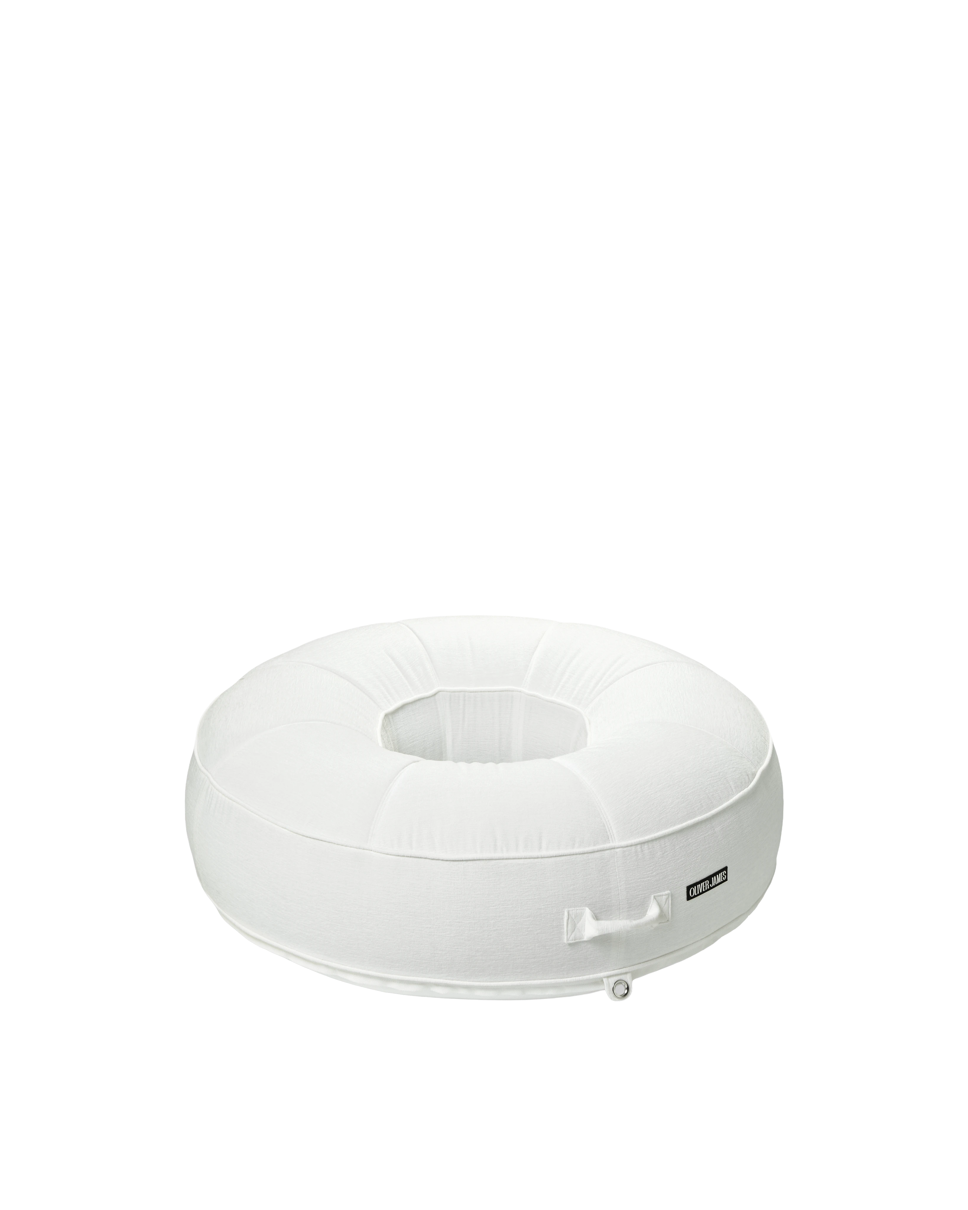 Angle view of a luxury round inflatable pool float with white Chenille fabric, featuring an open center and tailored upholstered finish.