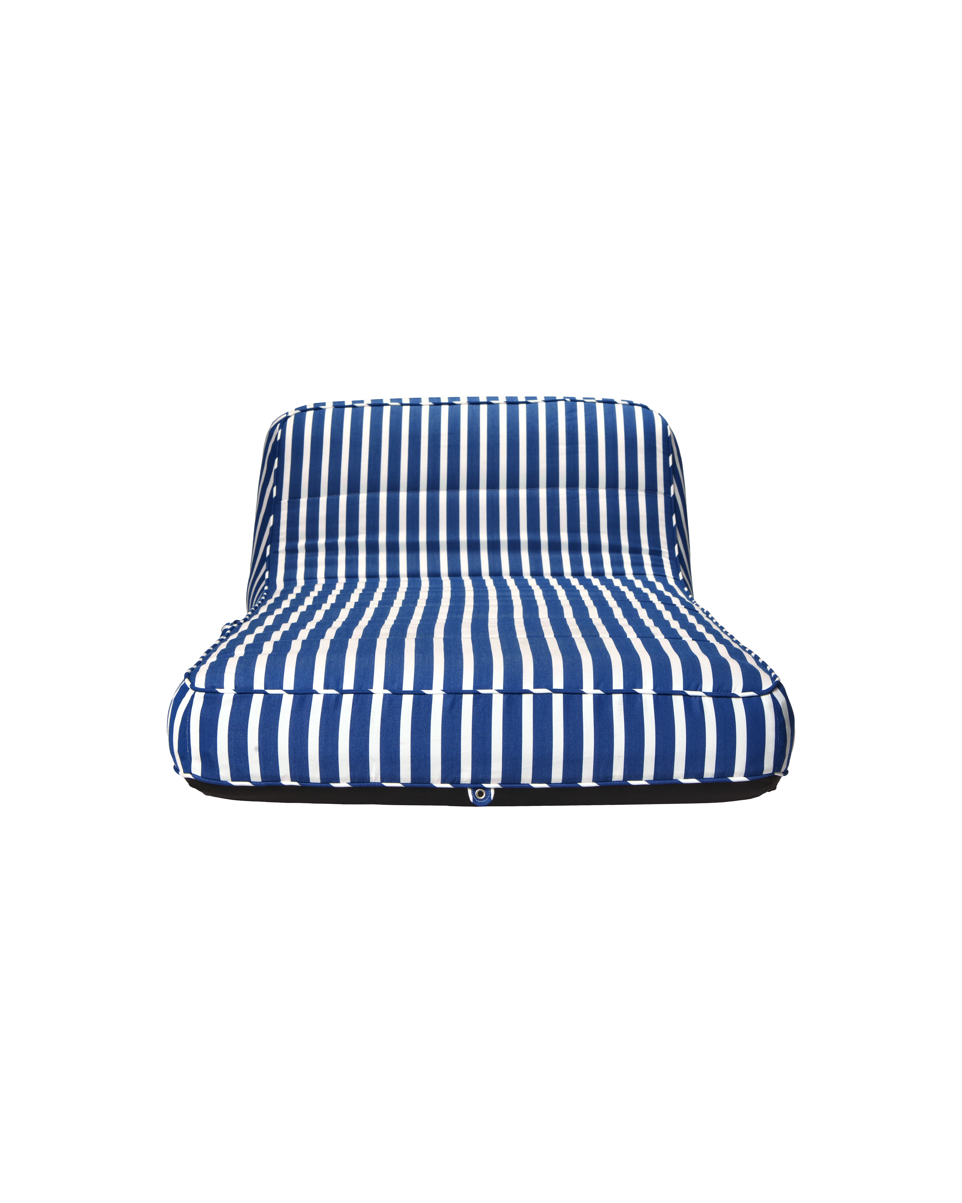 Luxury inflatable pool lounger with white and blue stripes, featuring an elegant backrest — perfect for stylish adults and resort-style poolside lounging.