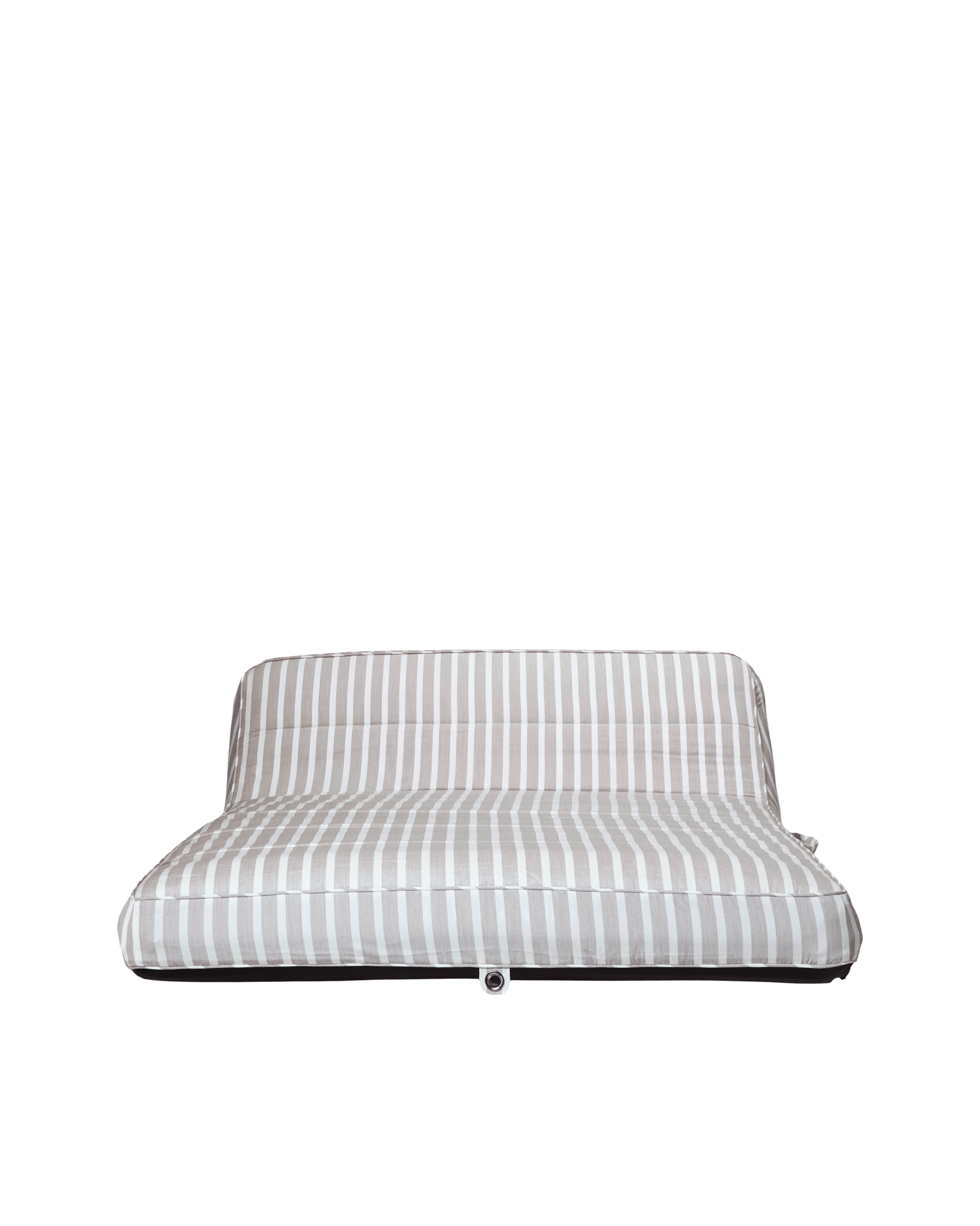 Front-facing view of a luxury beige and white striped inflatable pool lounger with backrest, designed for elevated poolside comfort.