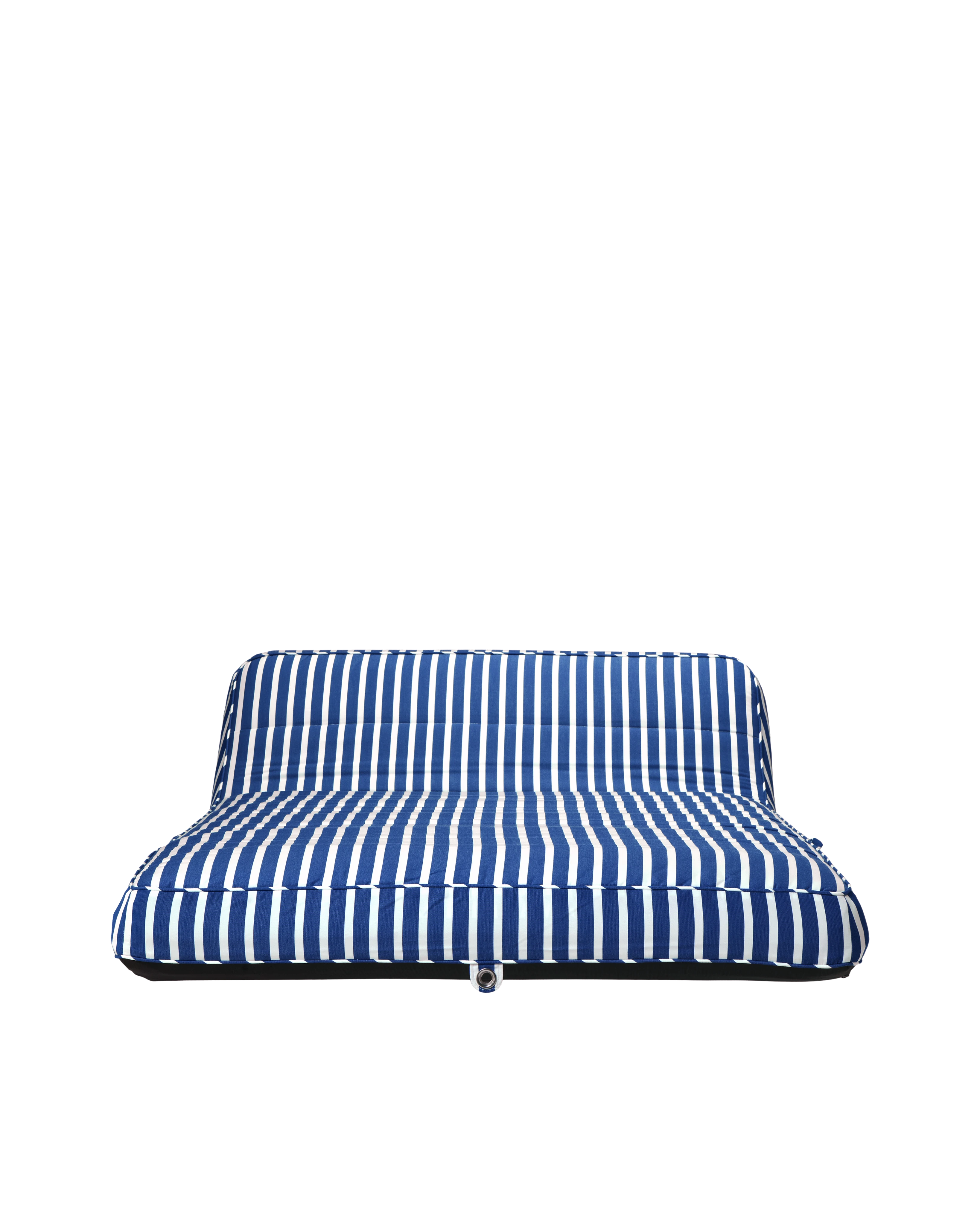 Front-facing view of a luxury blue and white striped inflatable pool lounger with backrest, designed for elevated poolside comfort.