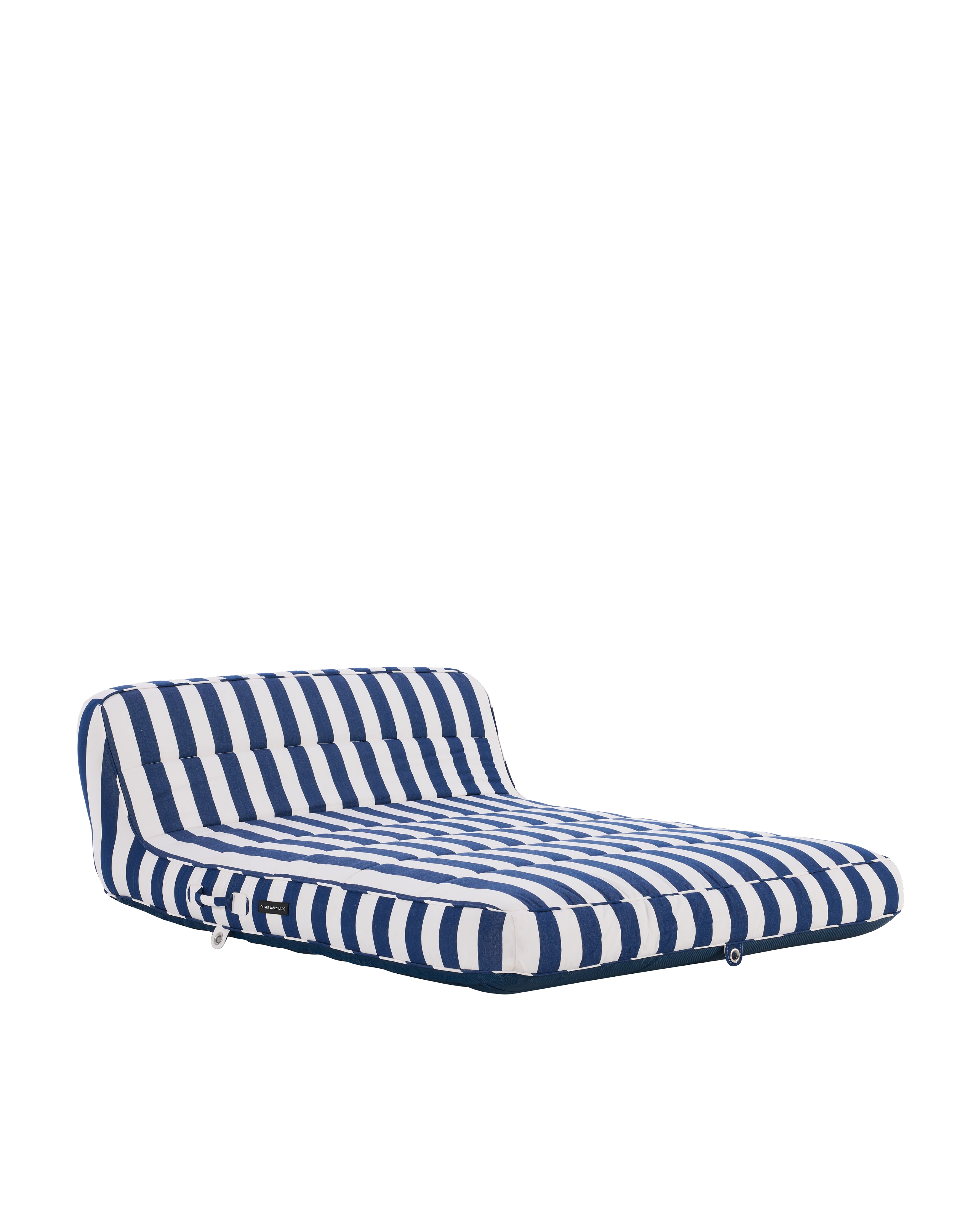Luxury inflatable pool lounger with white and blue stripes, featuring an elegant backrest — perfect for stylish adults and resort-style poolside lounging.