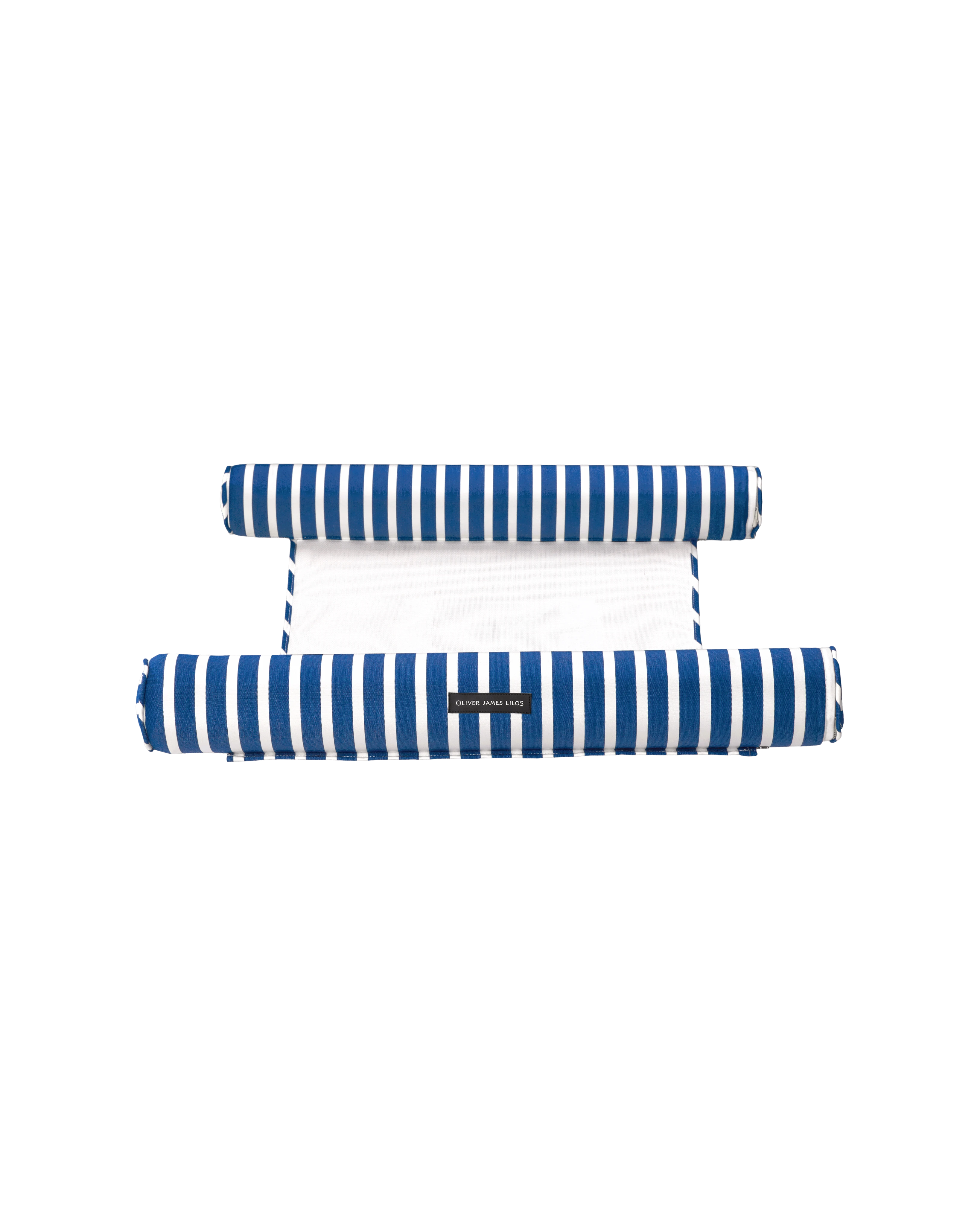 Top-down view of the Oliver James floating hammock pool float, with dual inflatable headrests in bold stripes and a soft mesh center for stylish aquatic relaxation.