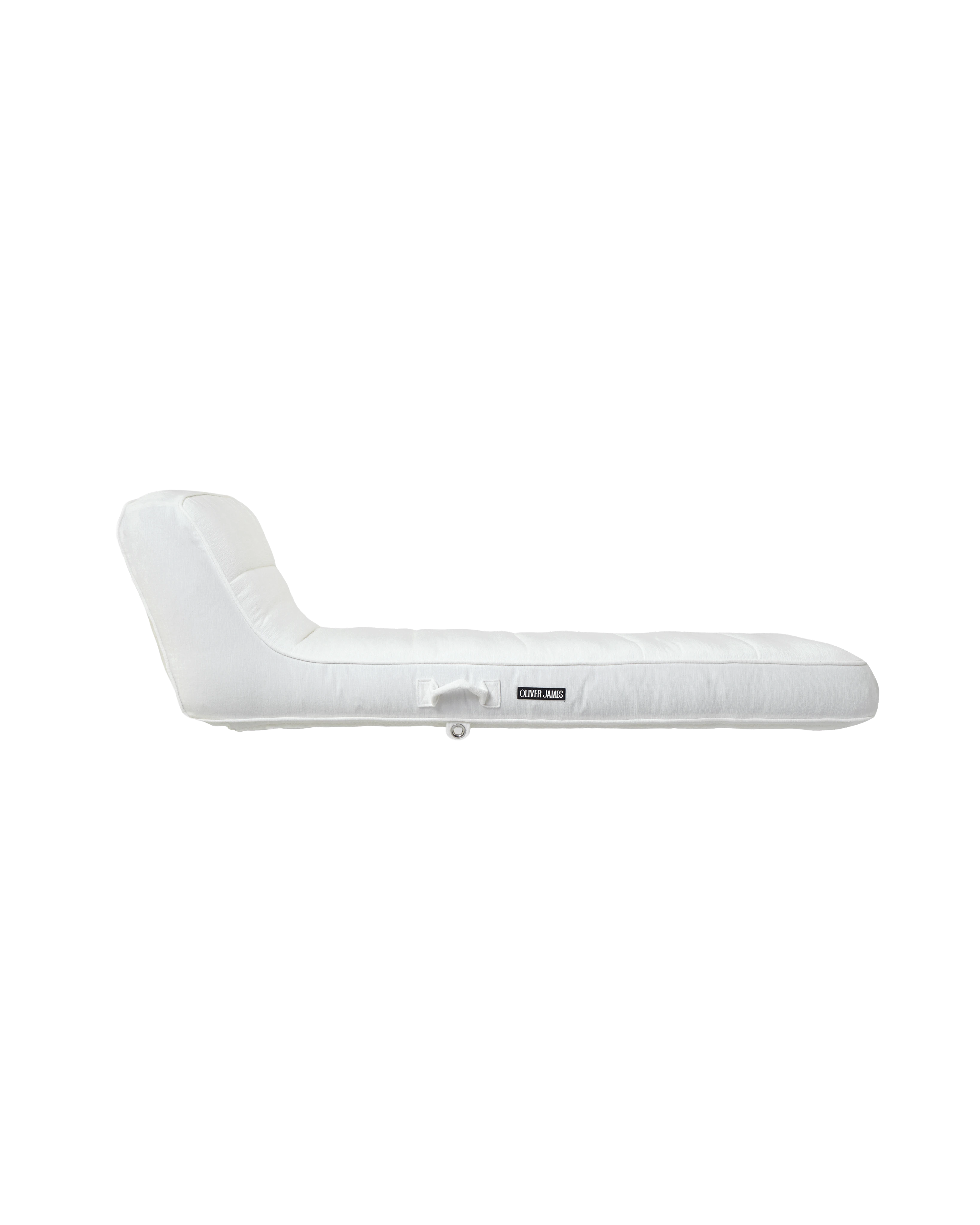 Side view of a premium designer pool float with a white Chenille fabric and ergonomic back support — a high-end inflatable for elegant outdoor living.