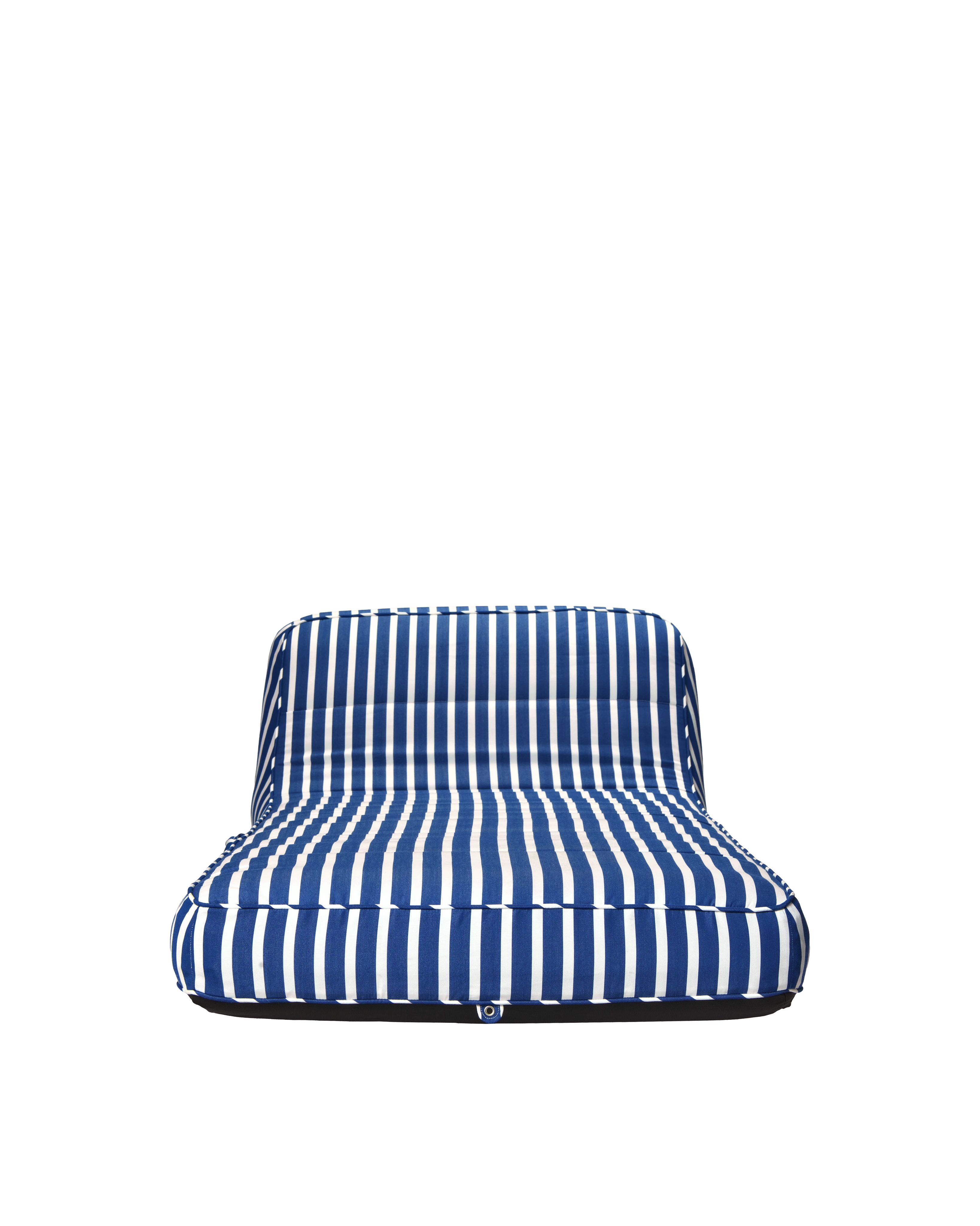 Luxury inflatable pool lounger with white and blue stripes, featuring an elegant backrest — perfect for stylish adults and resort-style poolside lounging.