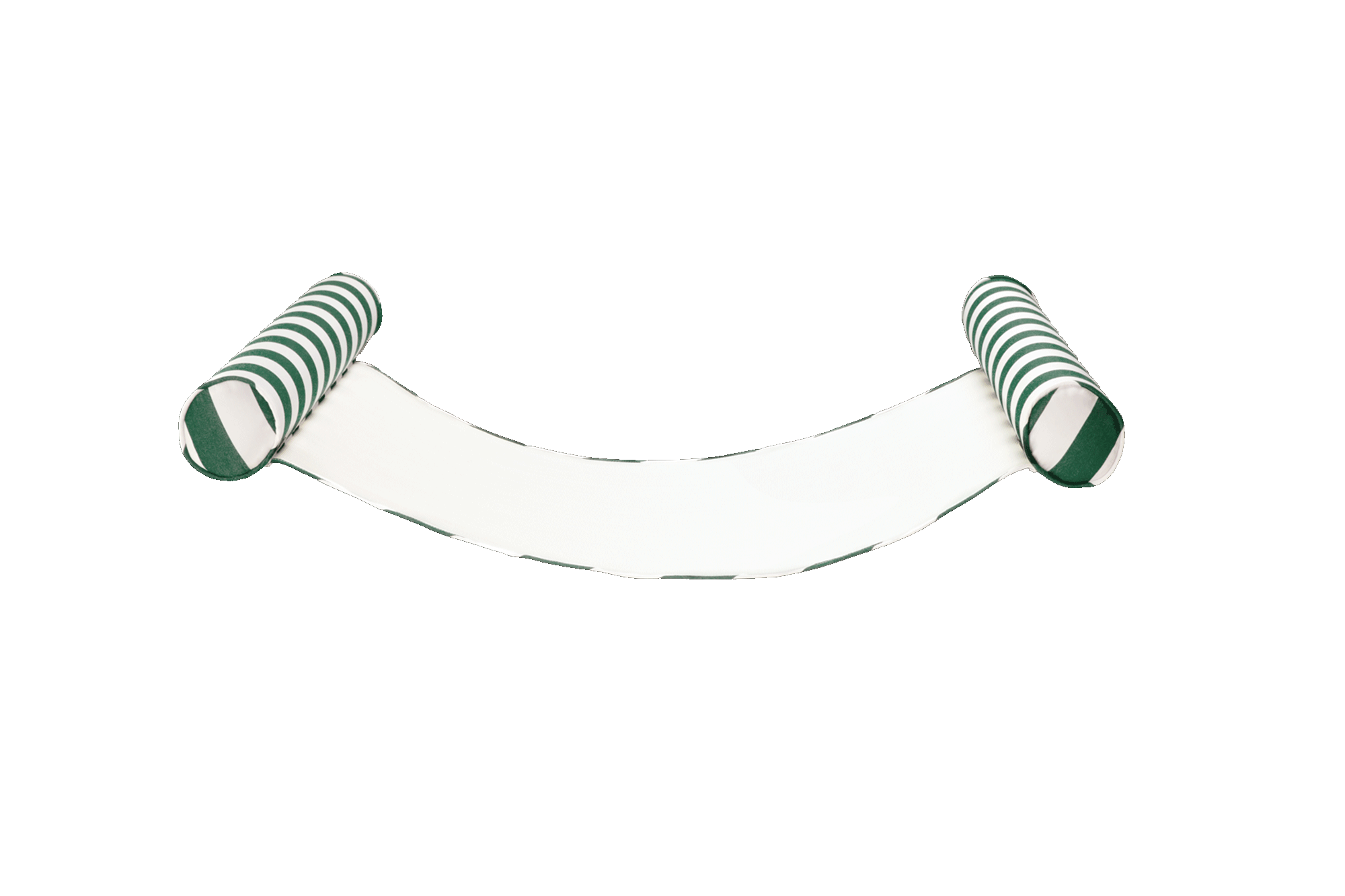 A beach float for adults laid out from the side angle in green and white striped luxury outdoor performance fabric.