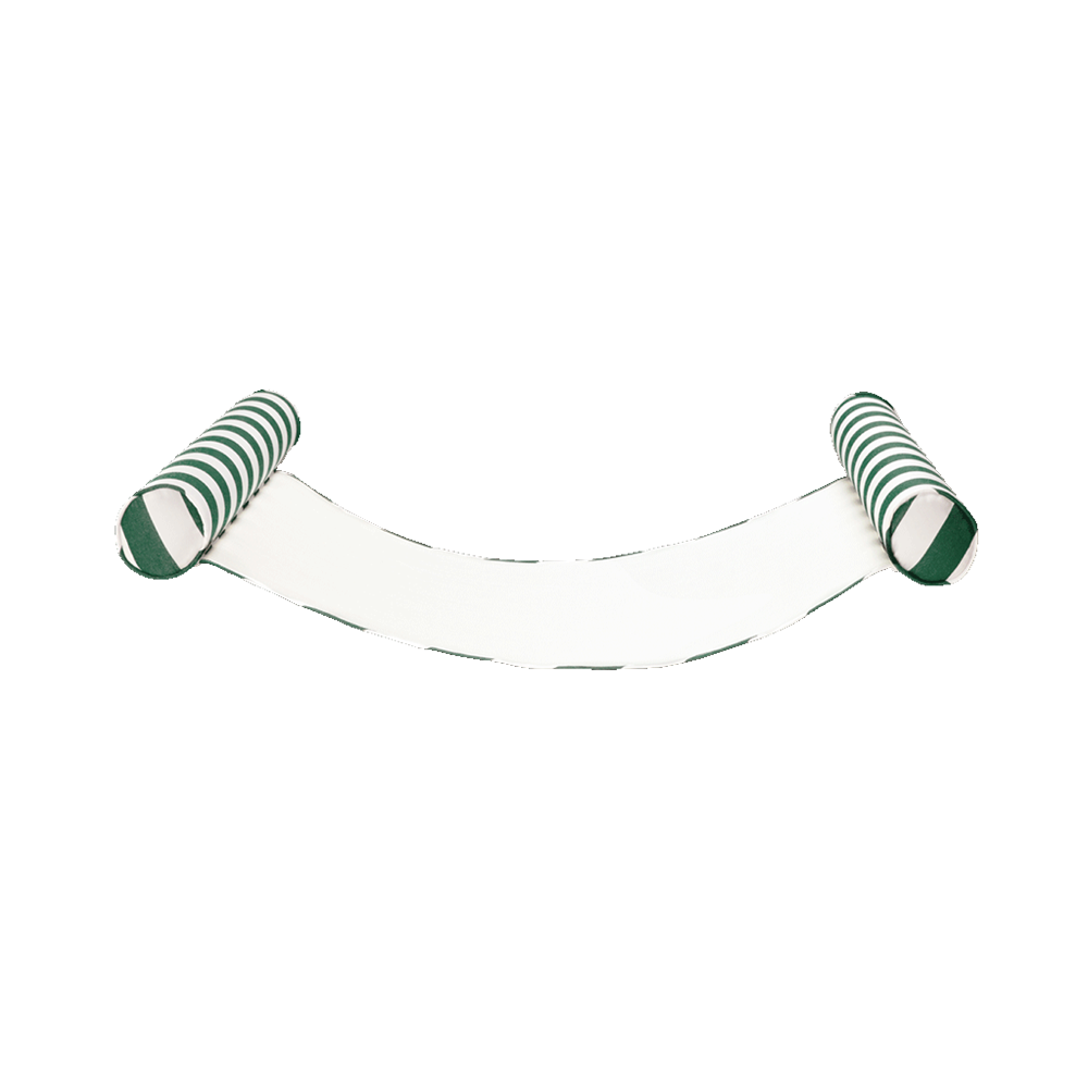 A beach float for adults laid out from the side angle in green and white striped luxury outdoor performance fabric.