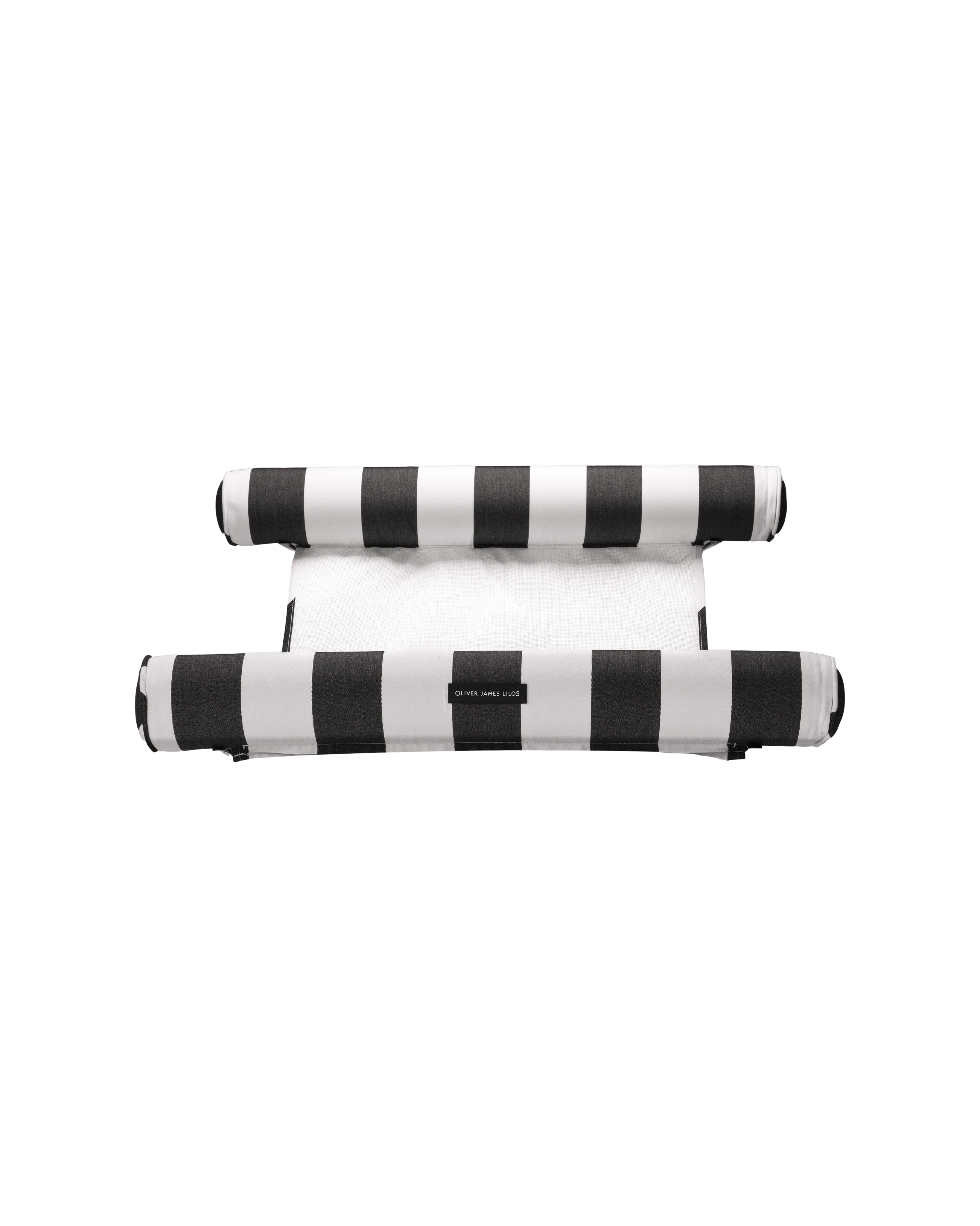 Top-down view of the Oliver James floating hammock pool float, with dual inflatable headrests in bold stripes and a soft mesh center for stylish aquatic relaxation.