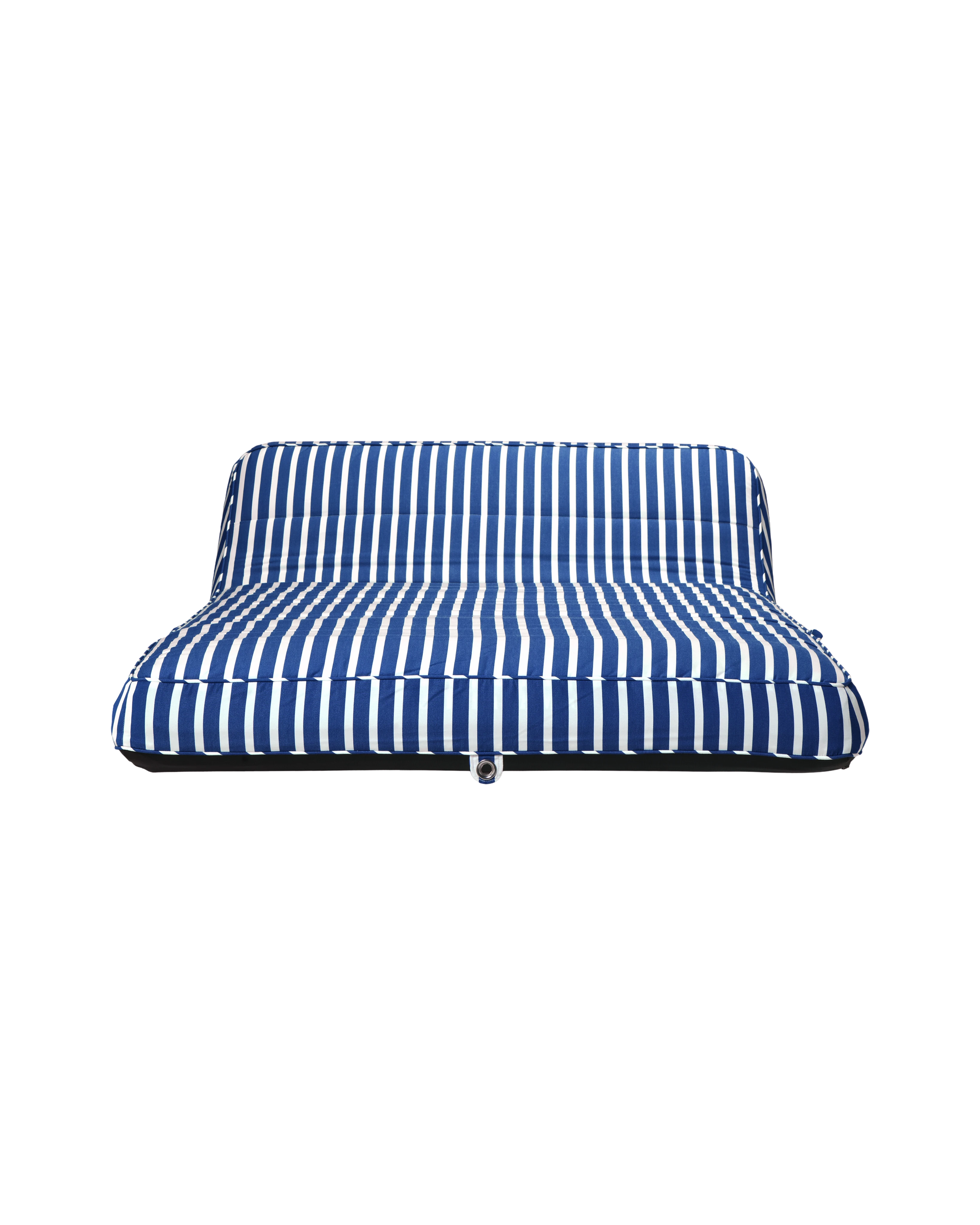 Front-facing view of a luxury blue and white striped inflatable pool lounger with backrest, designed for elevated poolside comfort.
