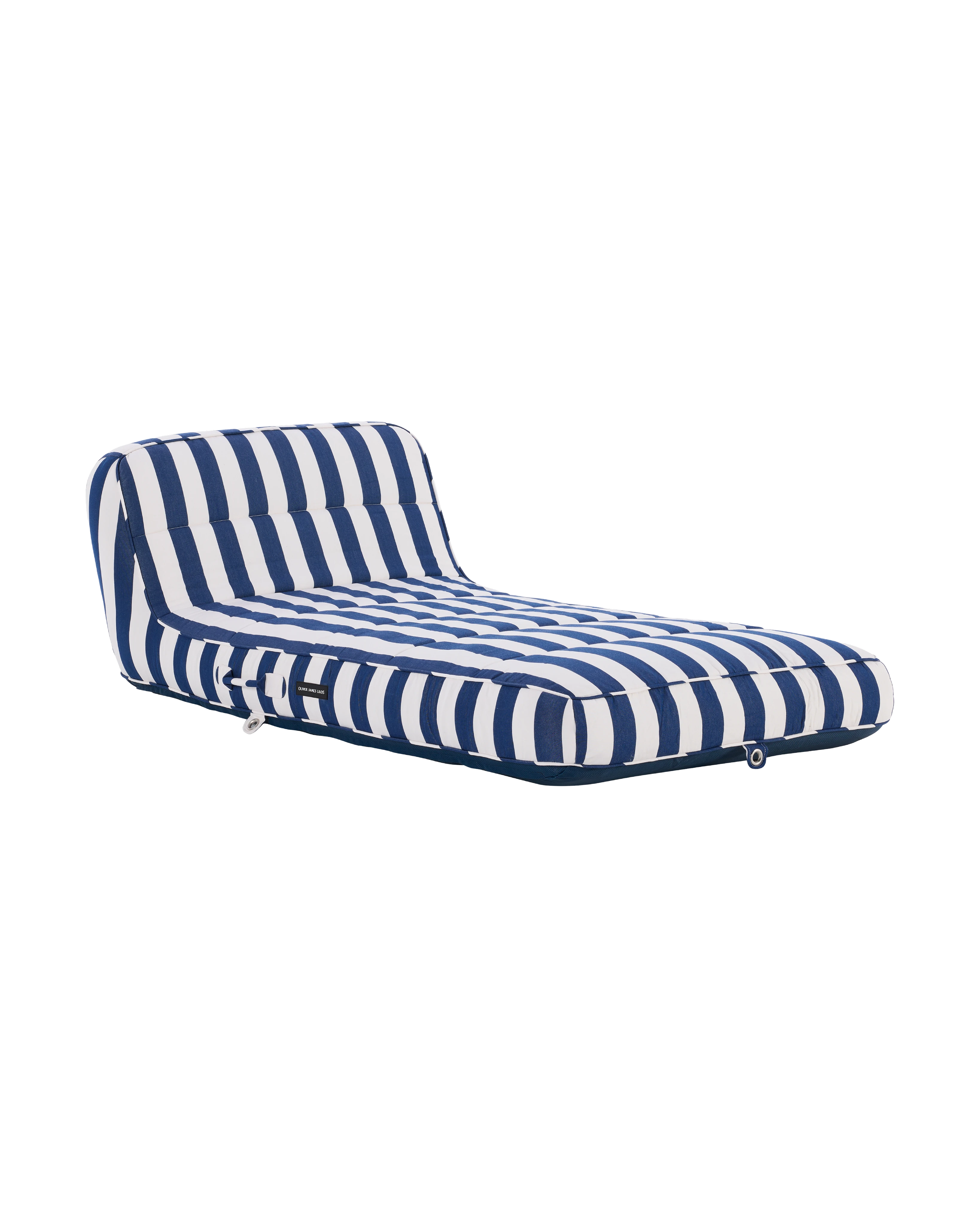 Luxury inflatable pool lounger with white and blue stripes, featuring an elegant backrest — perfect for stylish adults and resort-style poolside lounging.