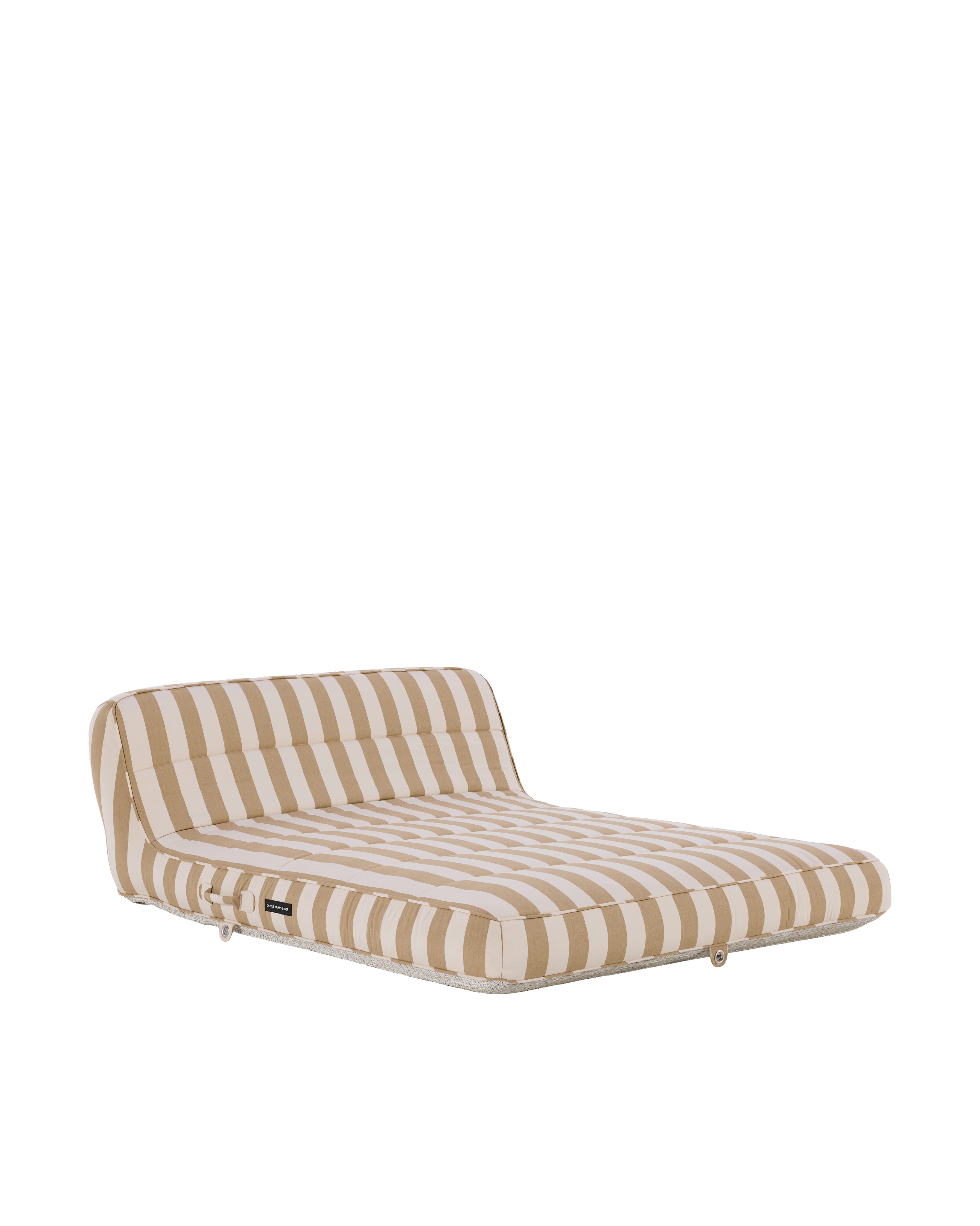 Front-facing view of a luxury white and beige striped inflatable pool lounger with backrest, designed for elevated poolside comfort.