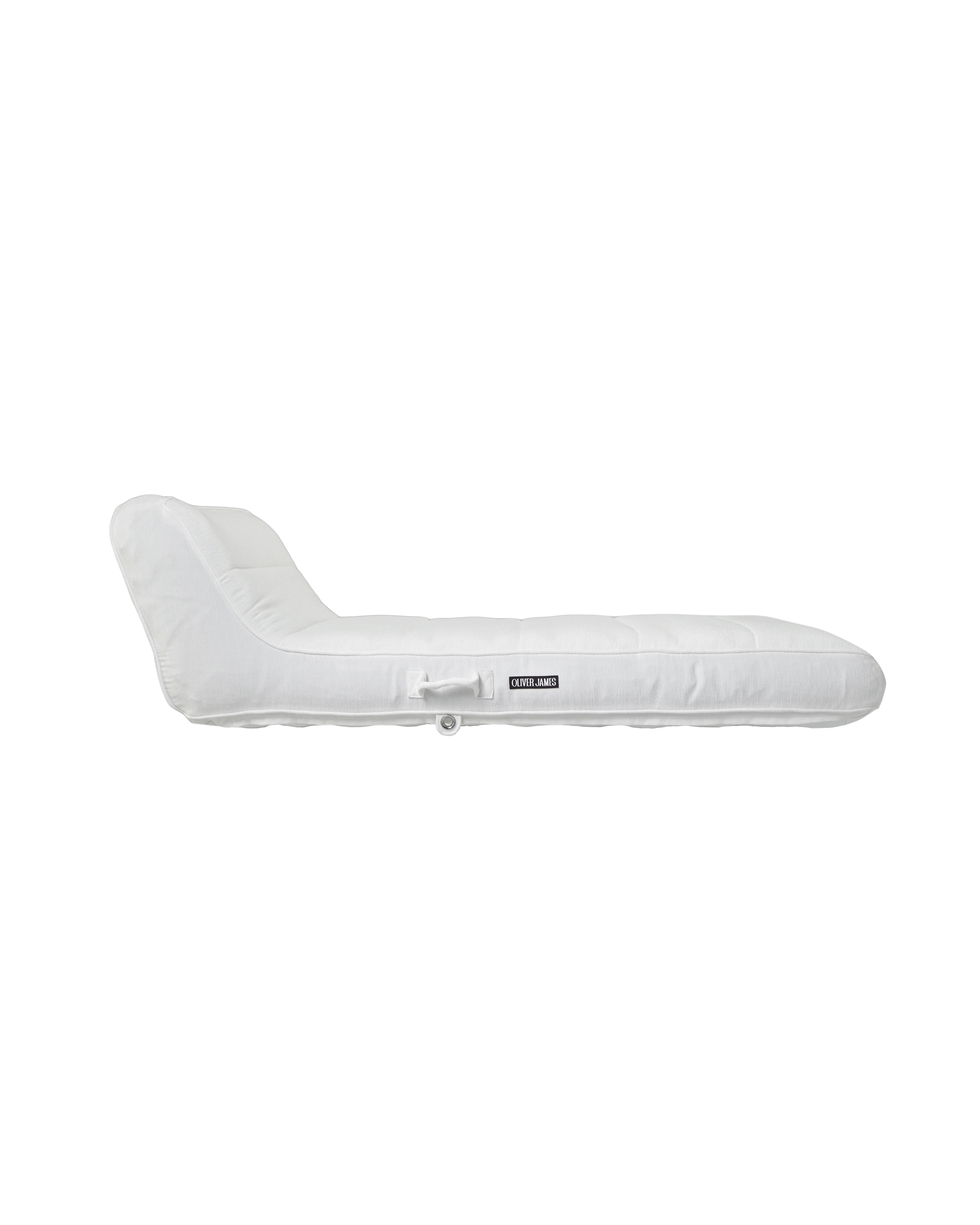 Side view of a premium inflatable pool float with ergonomic backrest and white Chenille fabric, showcasing the Oliver James logo tag.