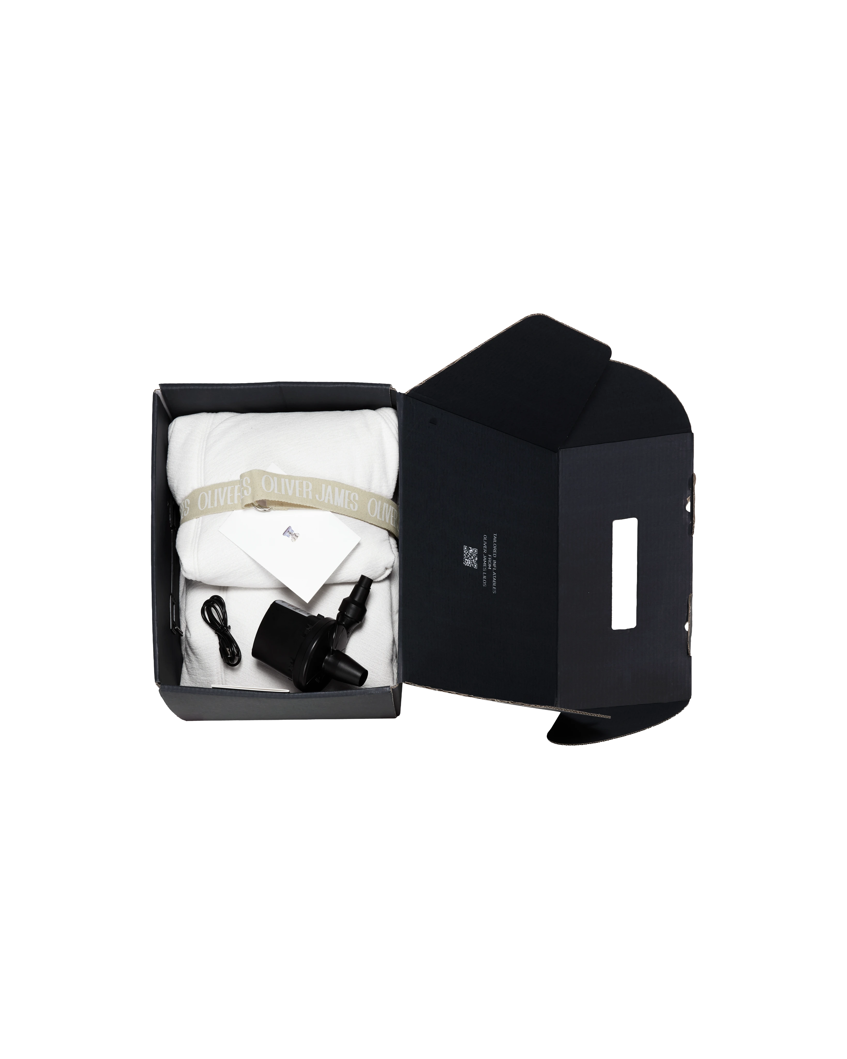 Unboxing experience of the Oliver James inflatable lounger, folded in branded ribbon inside a sleek black box with included electric pump and instructions.