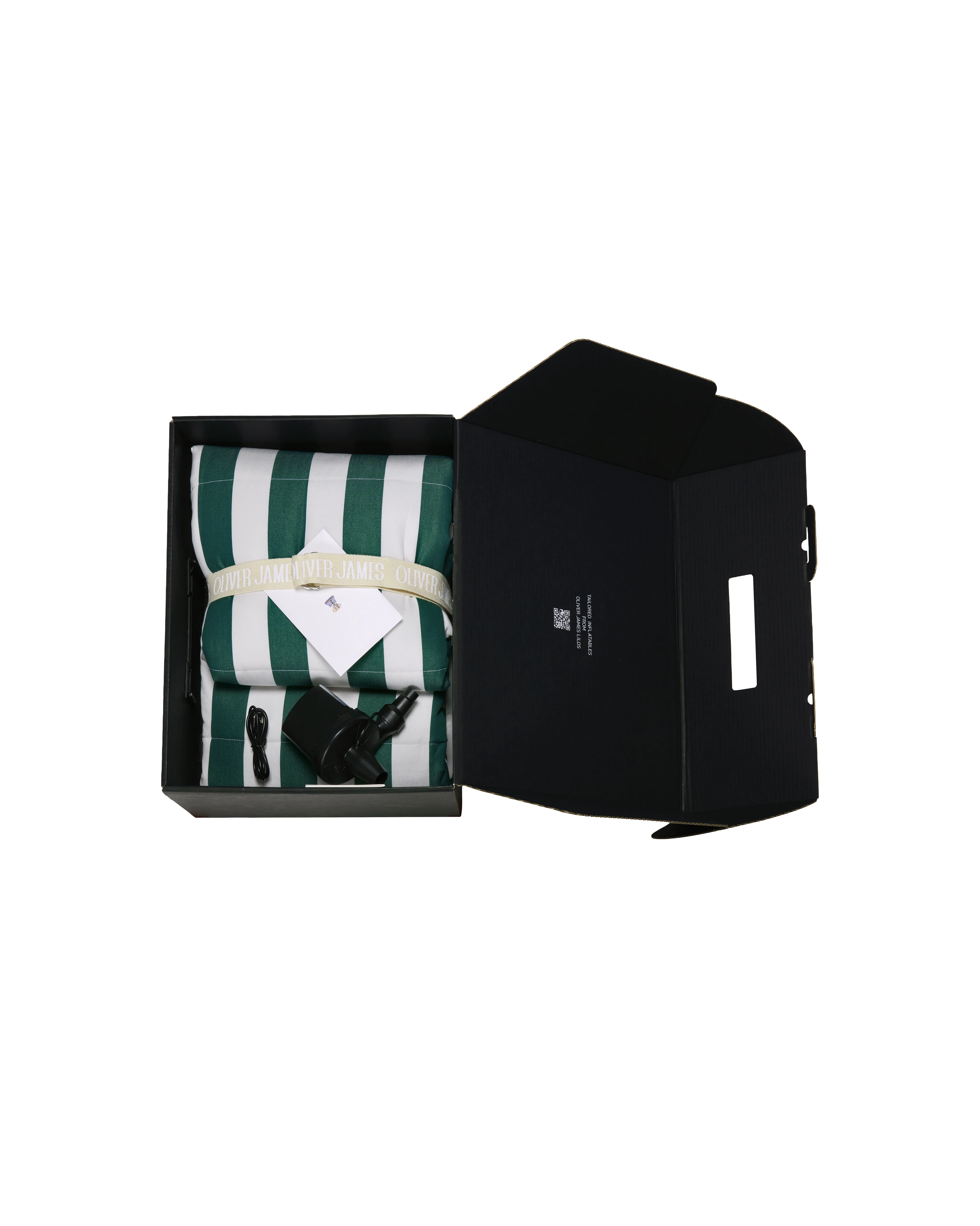 Unboxing experience of the Oliver James inflatable lounger, folded in branded ribbon inside a sleek black box with included electric pump and instructions.