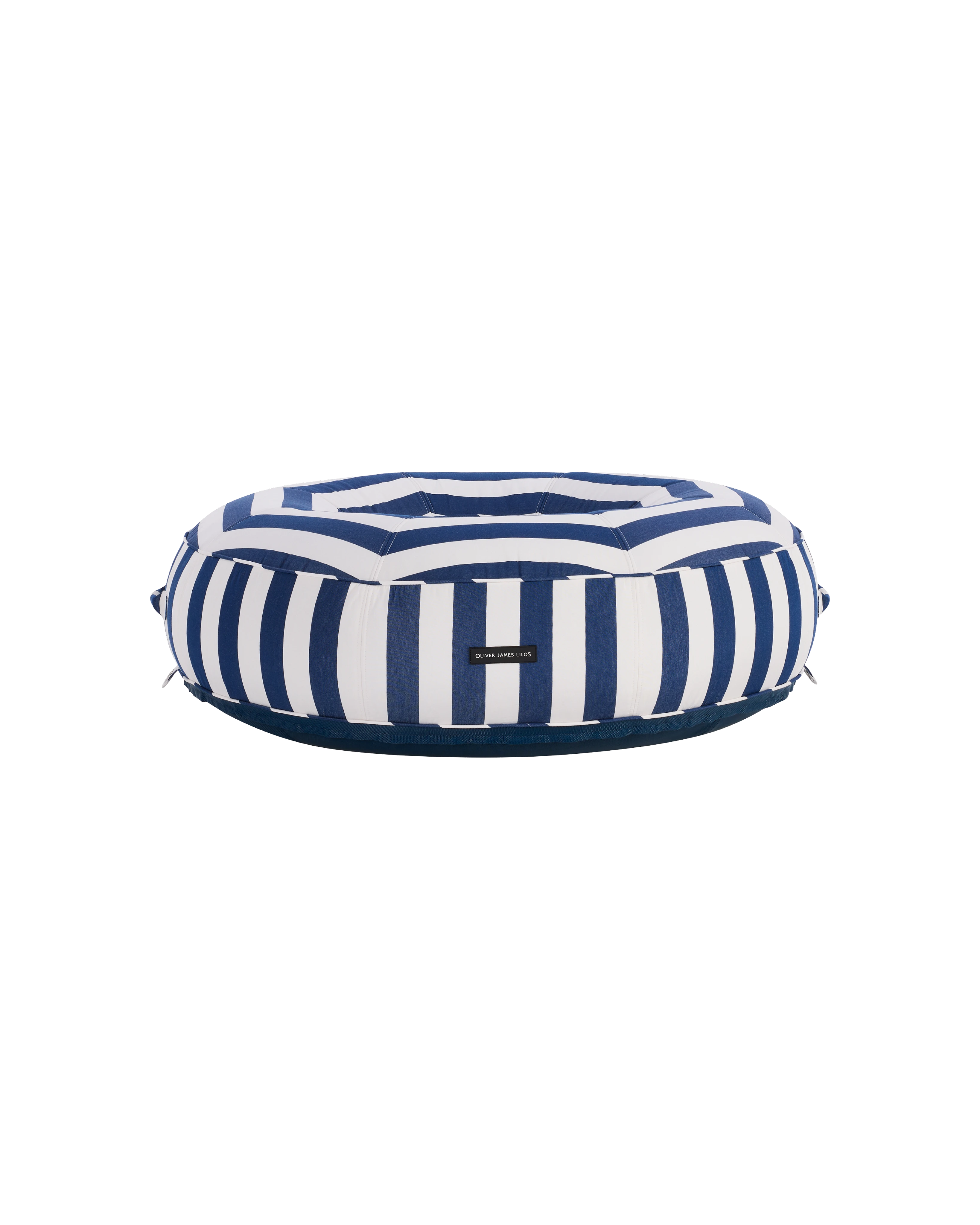 Angle view of a luxury round inflatable pool float with white and blue stripes, featuring an open center and tailored upholstered finish.