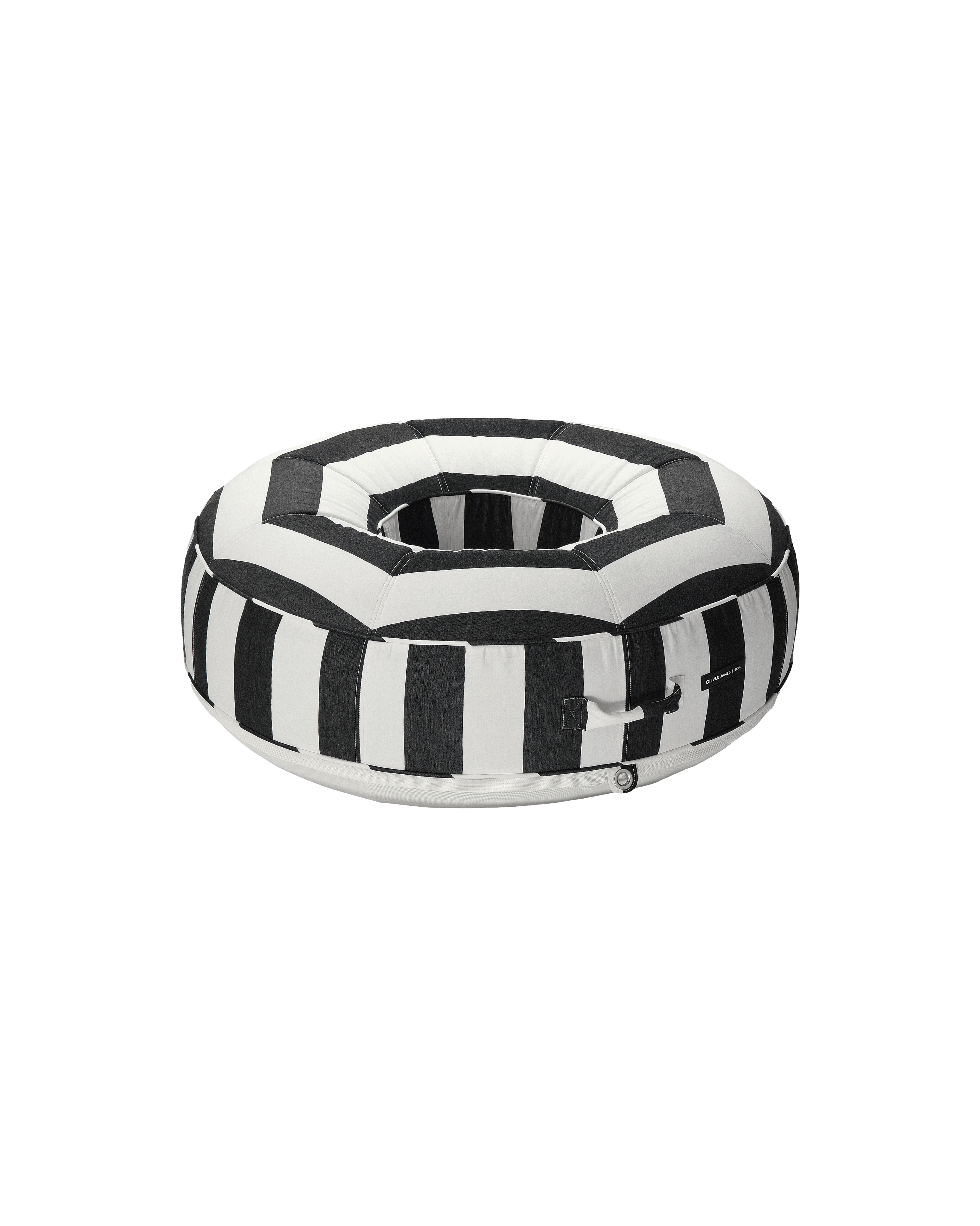 Angle view of a luxury round inflatable pool float with black and white stripes, featuring an open center and tailored upholstered finish.