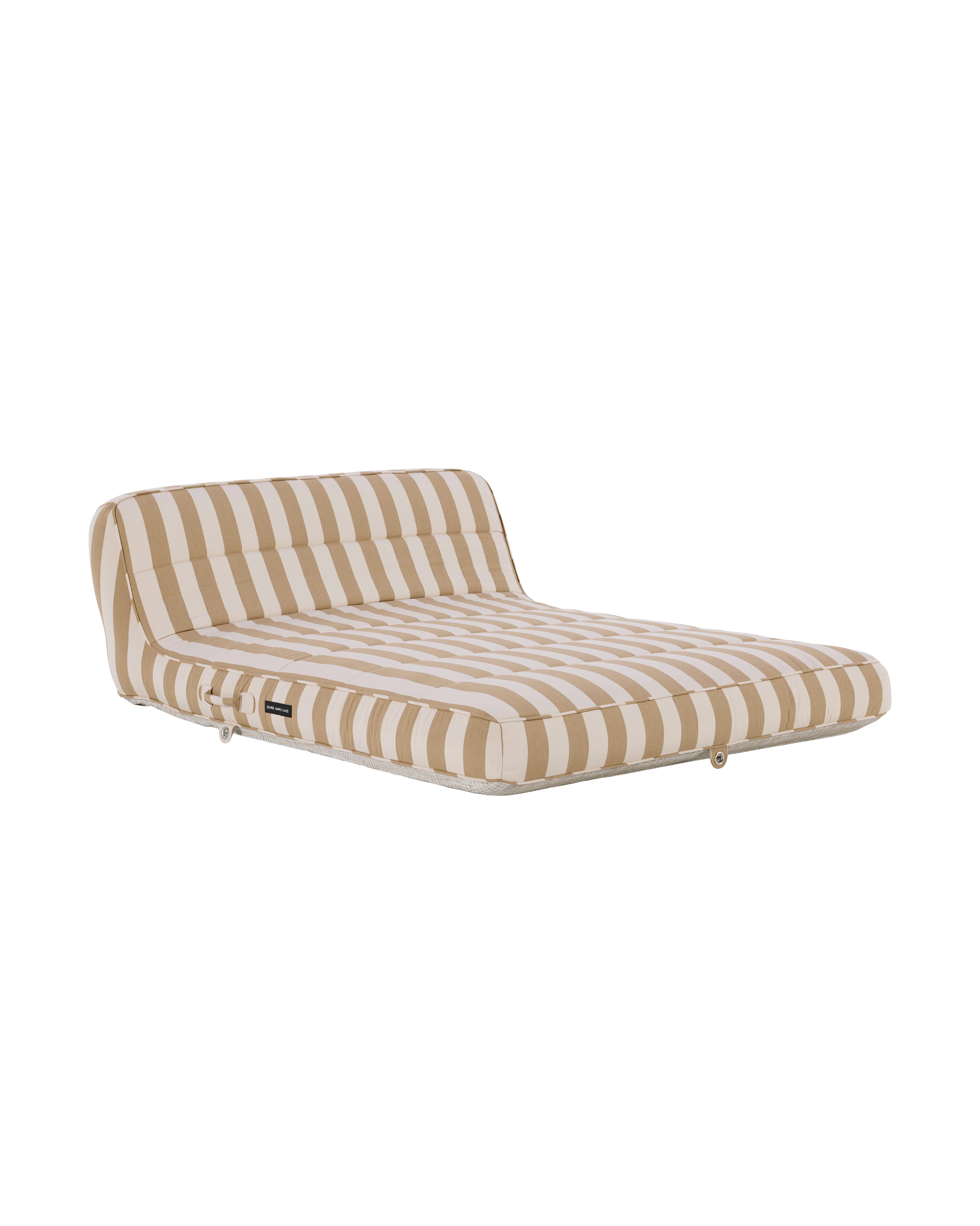 Front-facing view of a luxury white and beige striped inflatable pool lounger with backrest, designed for elevated poolside comfort.