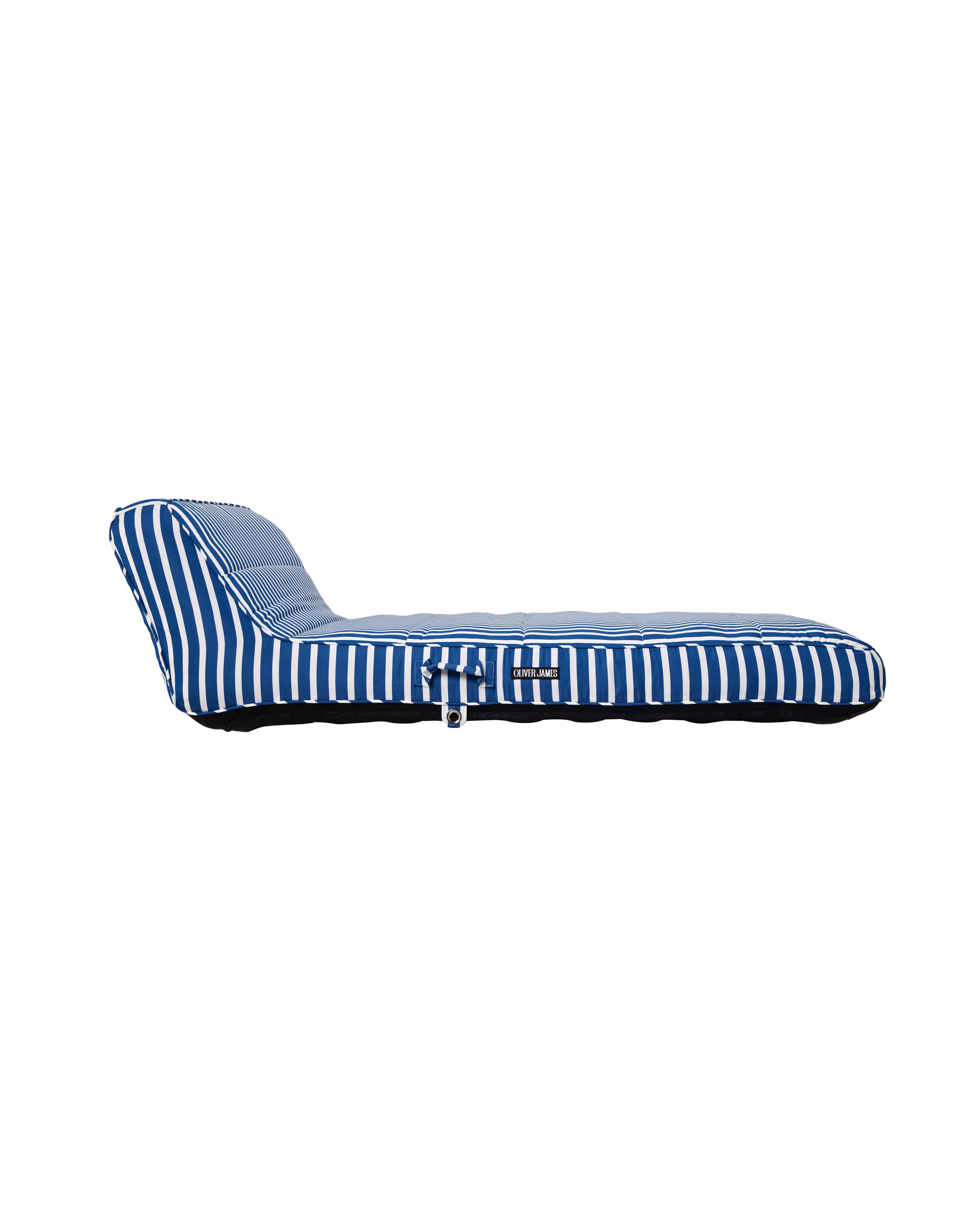 Side view of a premium inflatable pool float with ergonomic backrest and bold blue and white stripes, showcasing the Oliver James logo tag.