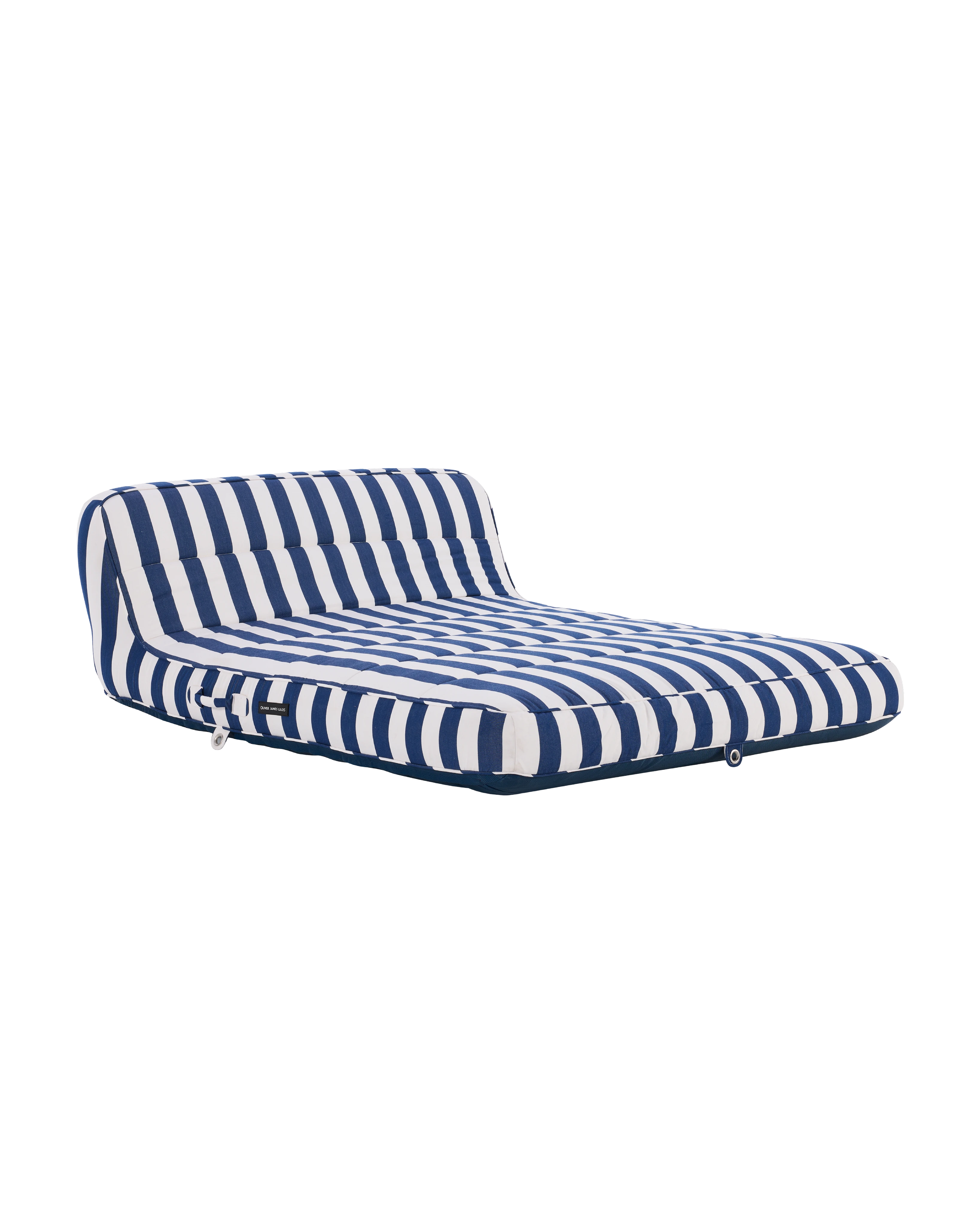 Luxury inflatable pool lounger with white and blue stripes, featuring an elegant backrest — perfect for stylish adults and resort-style poolside lounging.