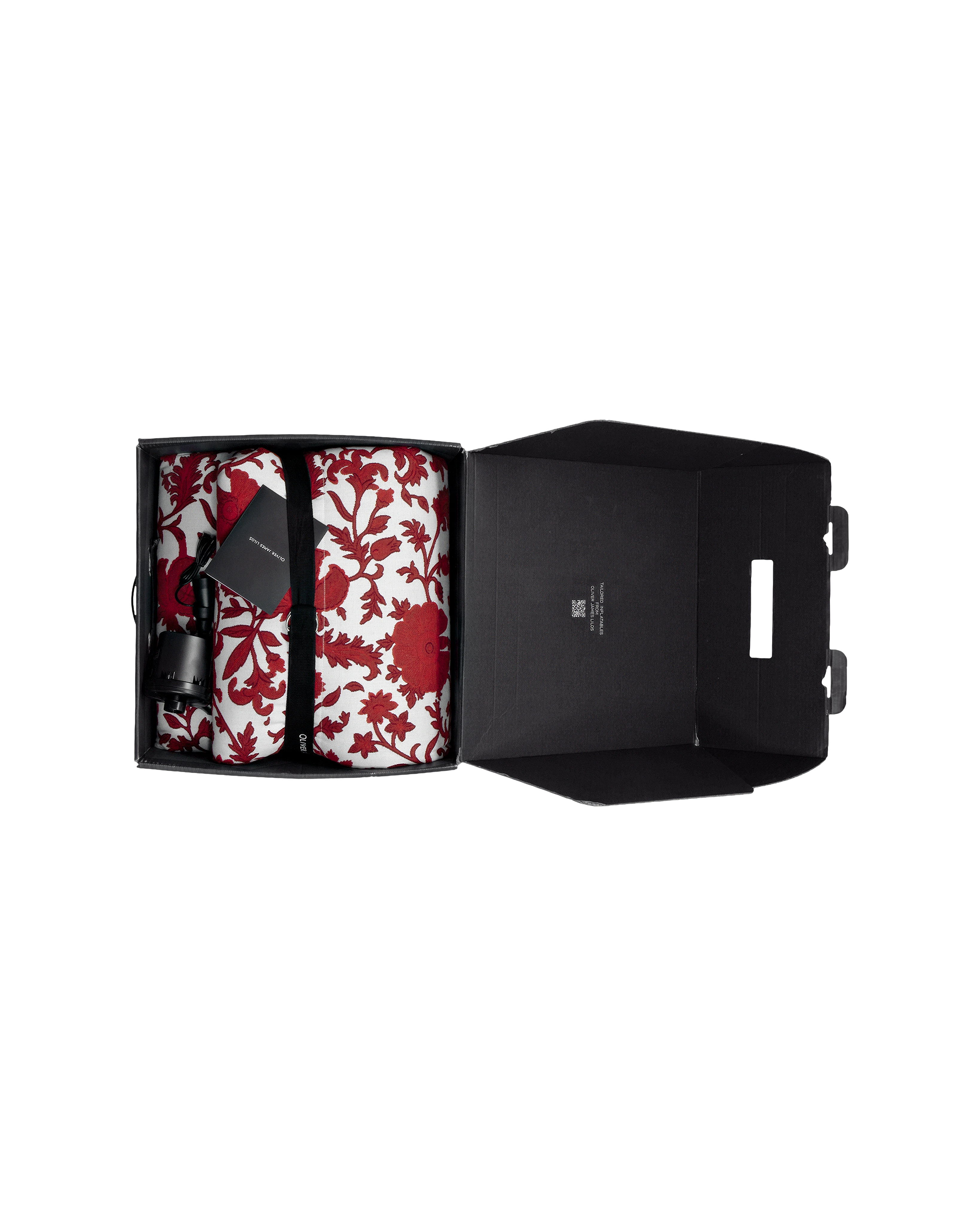 Chic pool lounger with branded ribbon and included pump, carefully packaged for an elevated unboxing experience — a luxury pool float for discerning buyers.