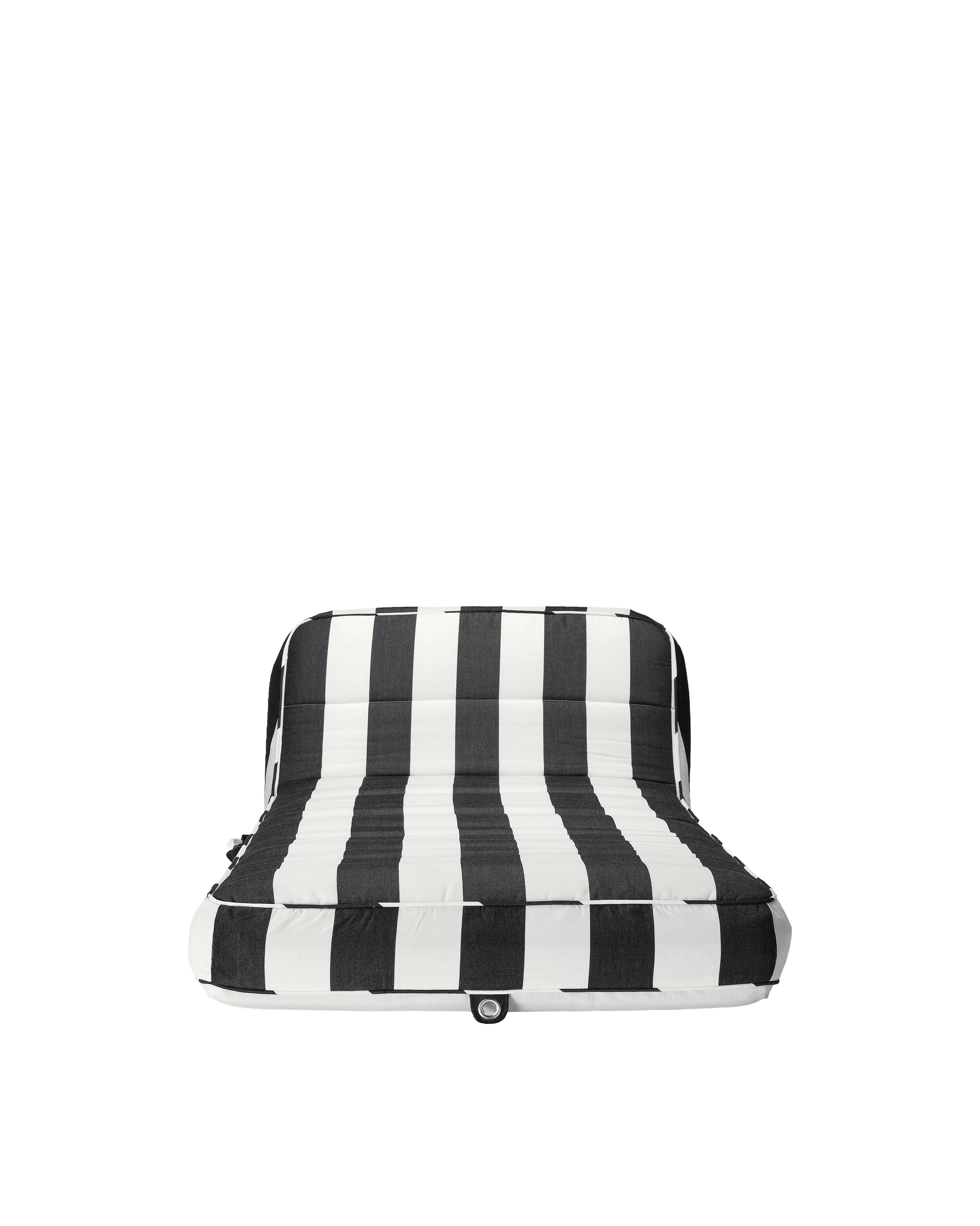 Luxury inflatable pool lounger with white and black stripes, featuring an elegant backrest — perfect for stylish adults and resort-style poolside lounging.