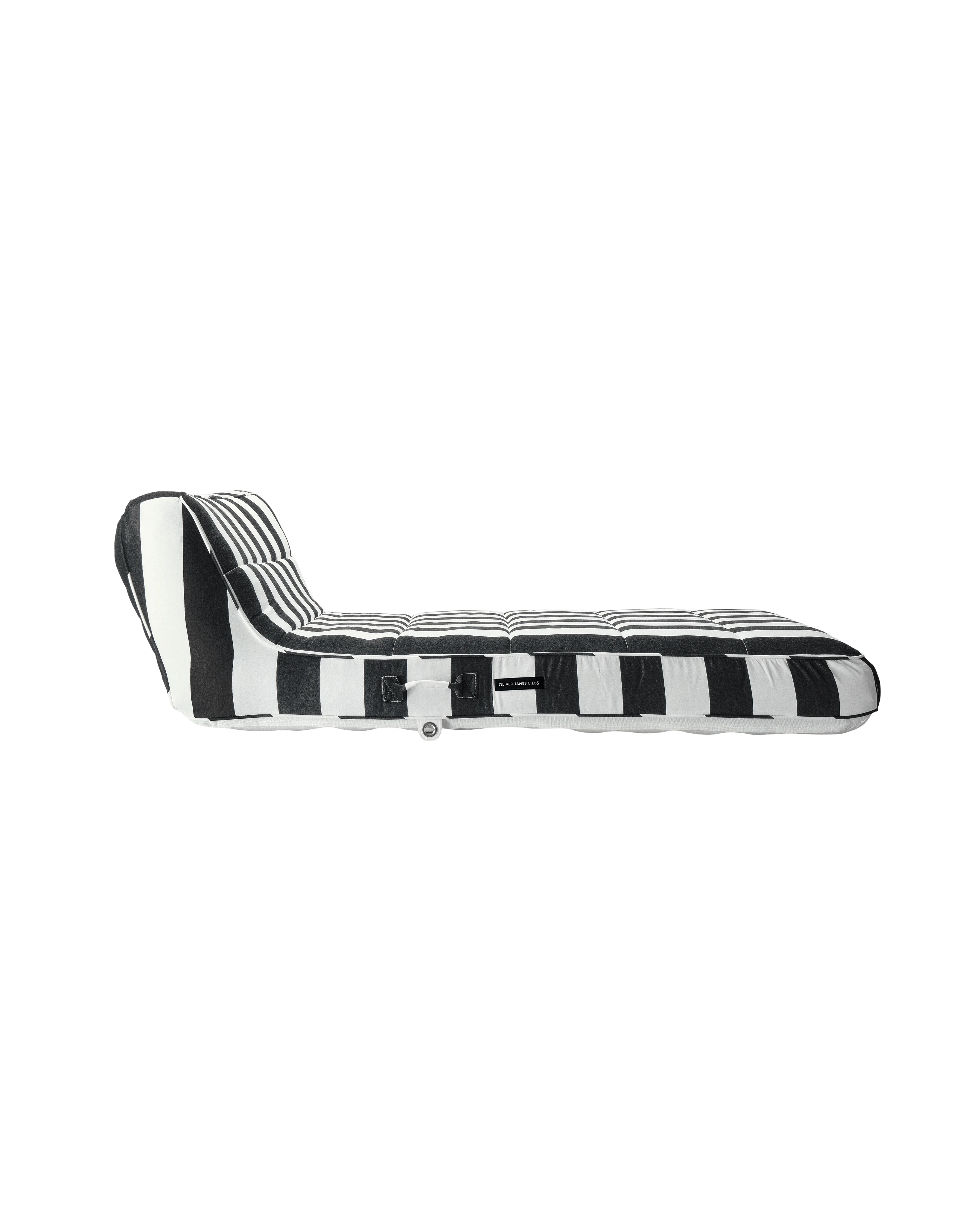 Side view of a premium designer pool float with vertical stripes and ergonomic back support — a high-end inflatable for elegant outdoor living.