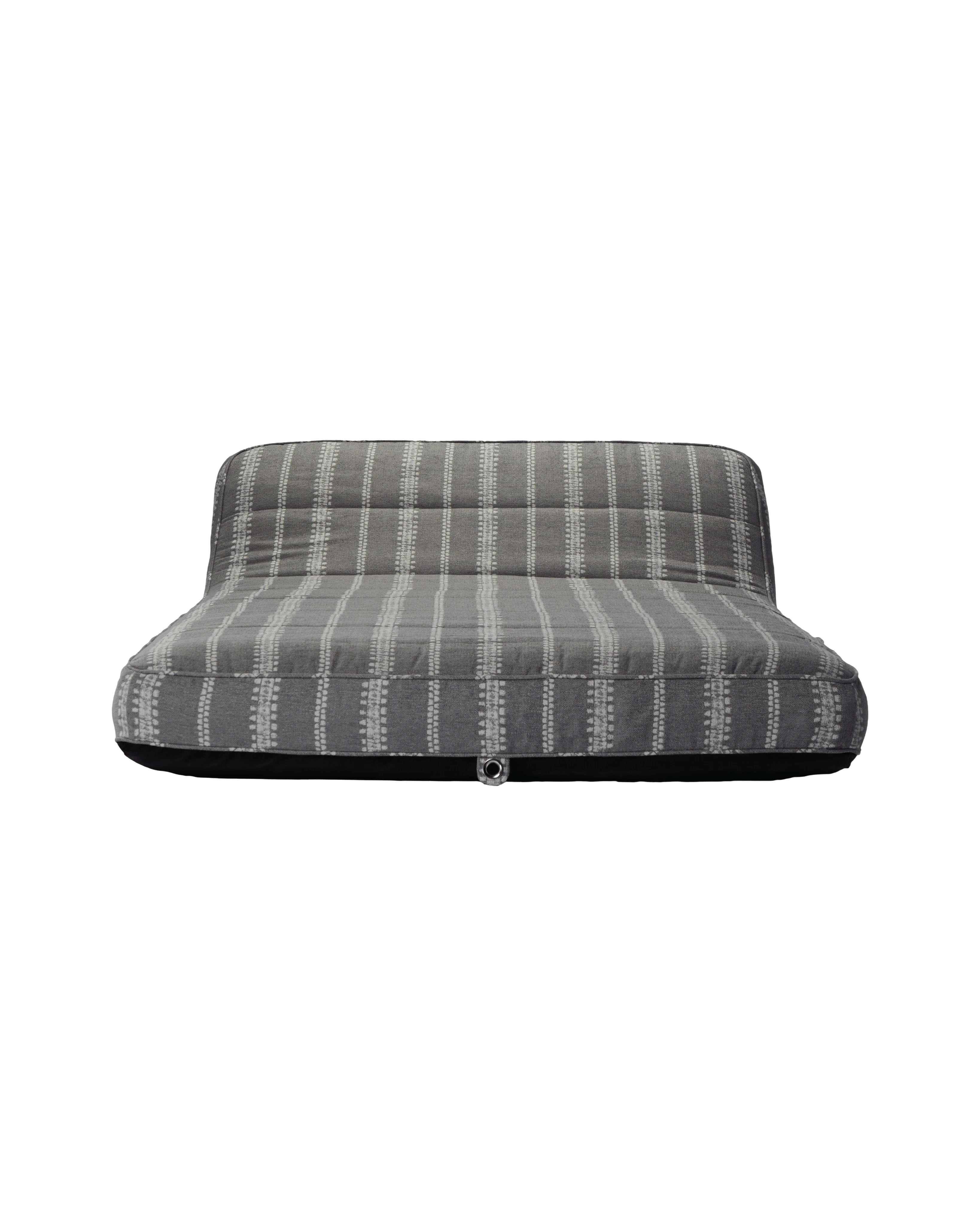 Front-facing view of a grey and white striped jacquard fabric inflatable pool lounger with backrest, designed for elevated poolside comfort.