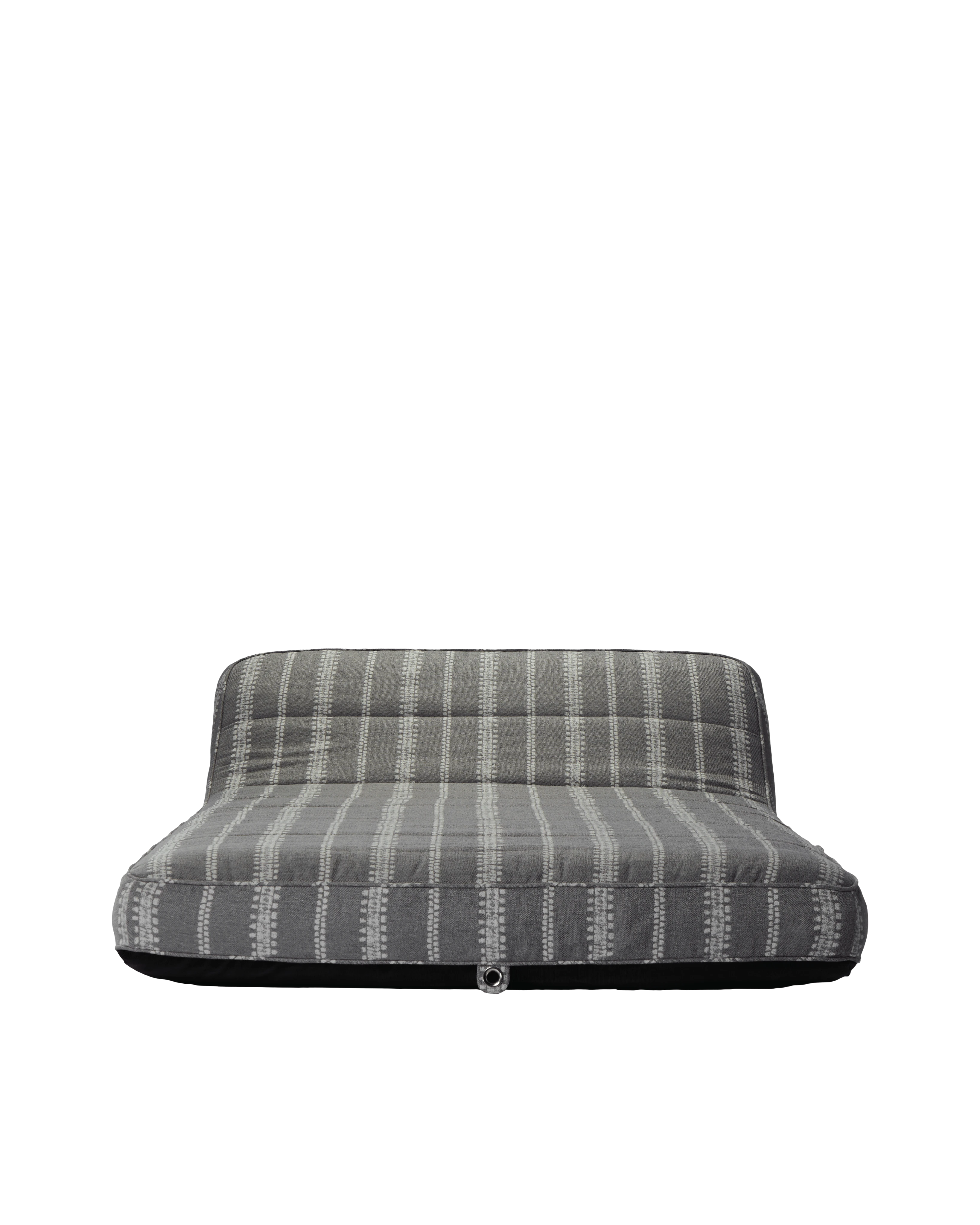 Front-facing view of a grey and white striped jacquard fabric inflatable pool lounger with backrest, designed for elevated poolside comfort.