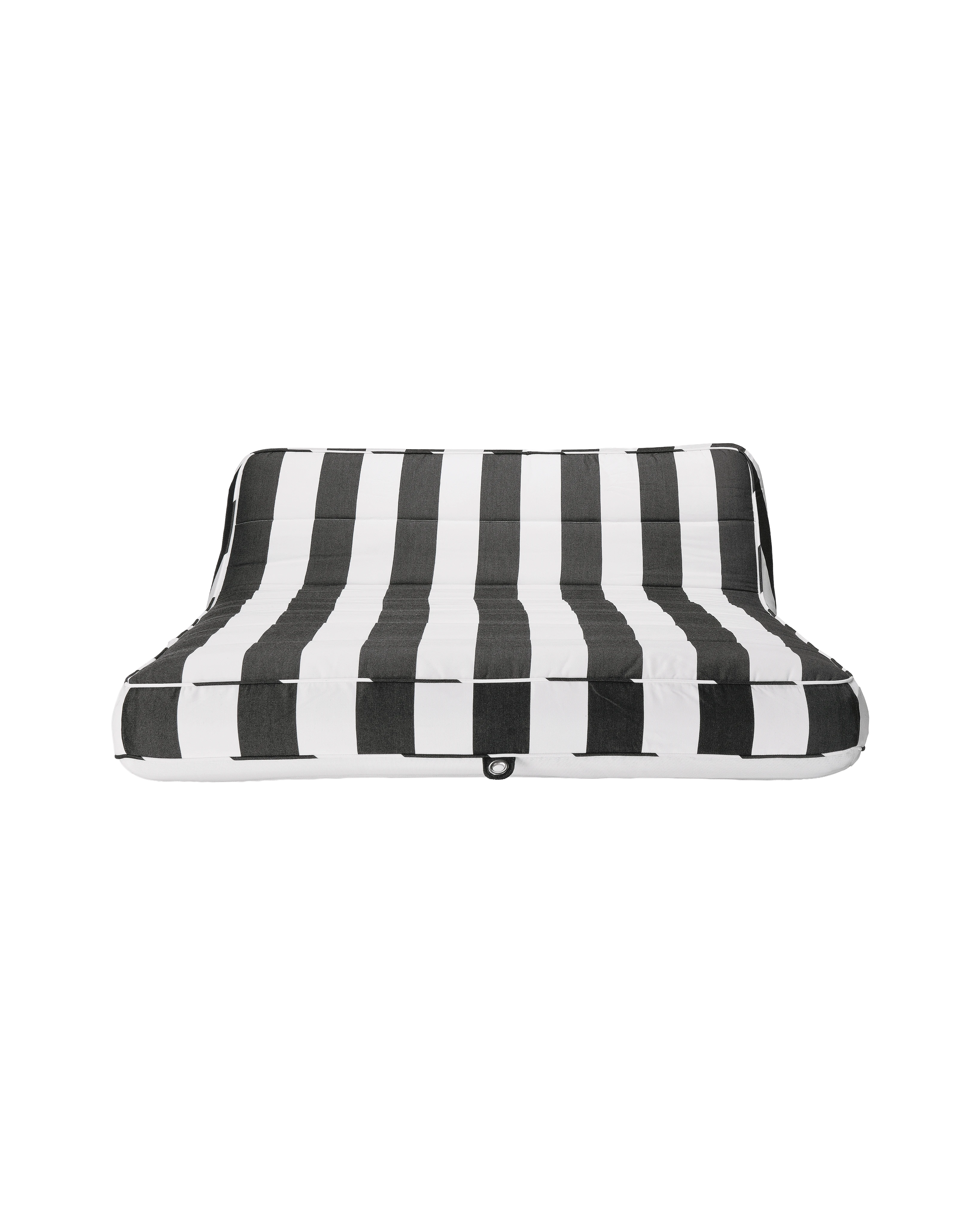 Front-facing view of a luxury black and white striped inflatable pool lounger with backrest, designed for elevated poolside comfort.