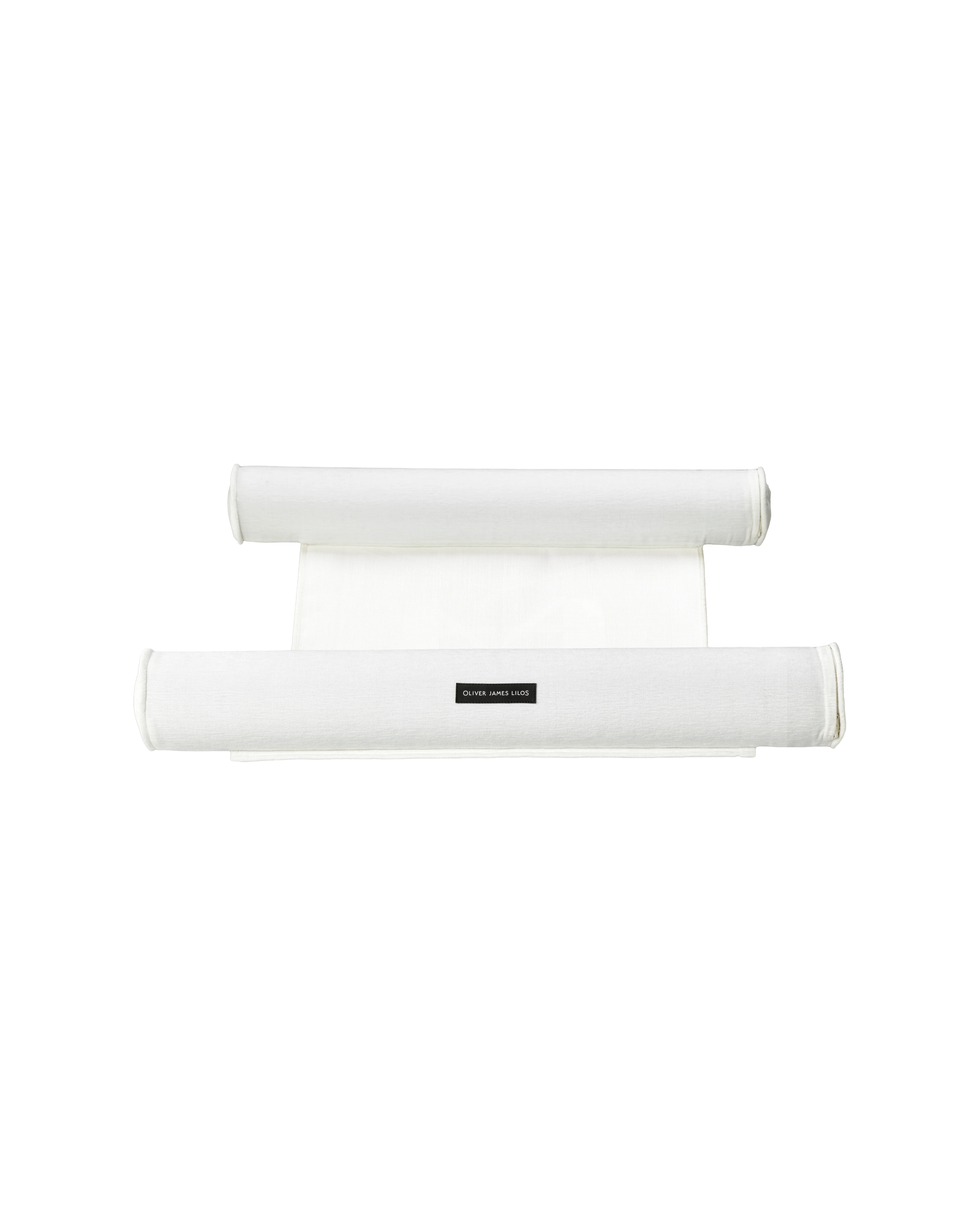 Top-down view of the Oliver James floating hammock pool float, with dual inflatable headrests in white Chenille fabric and a soft mesh center for stylish aquatic relaxation.