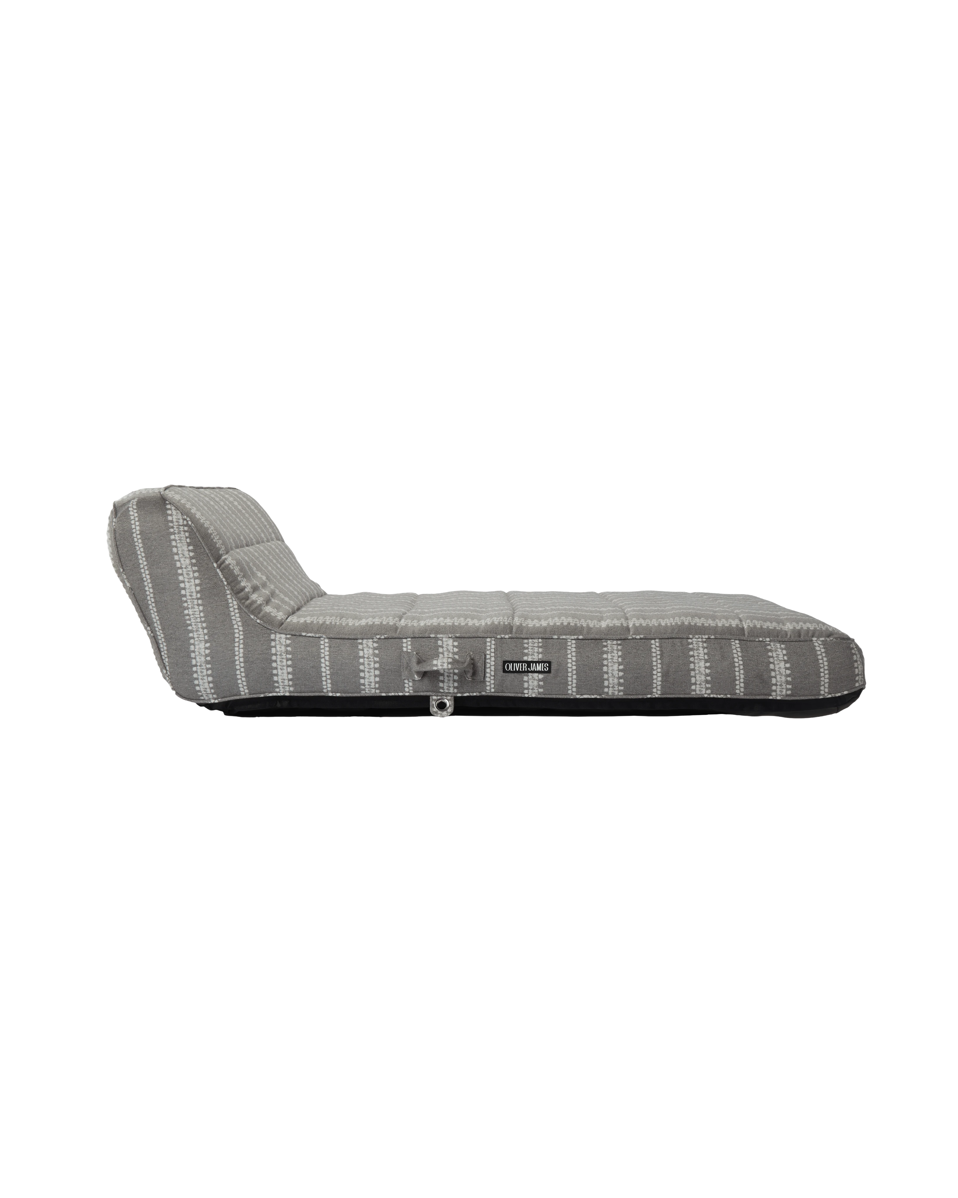 Side view of a premium inflatable pool float with ergonomic backrest and grey and white striped jacquard fabric, showcasing the Oliver James logo tag.