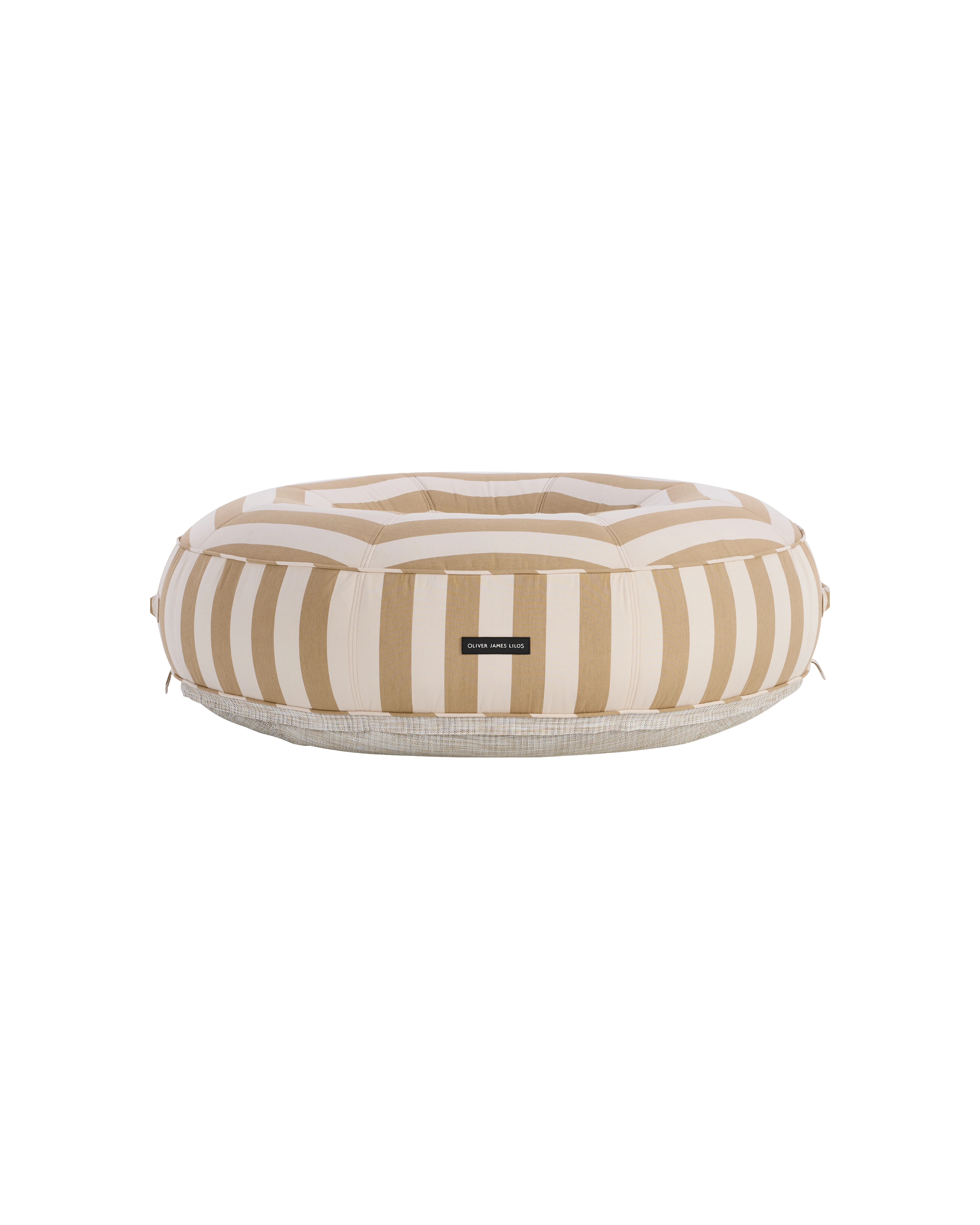 Angle view of a luxury round inflatable pool float with white and beige stripes, featuring an open center and tailored upholstered finish.